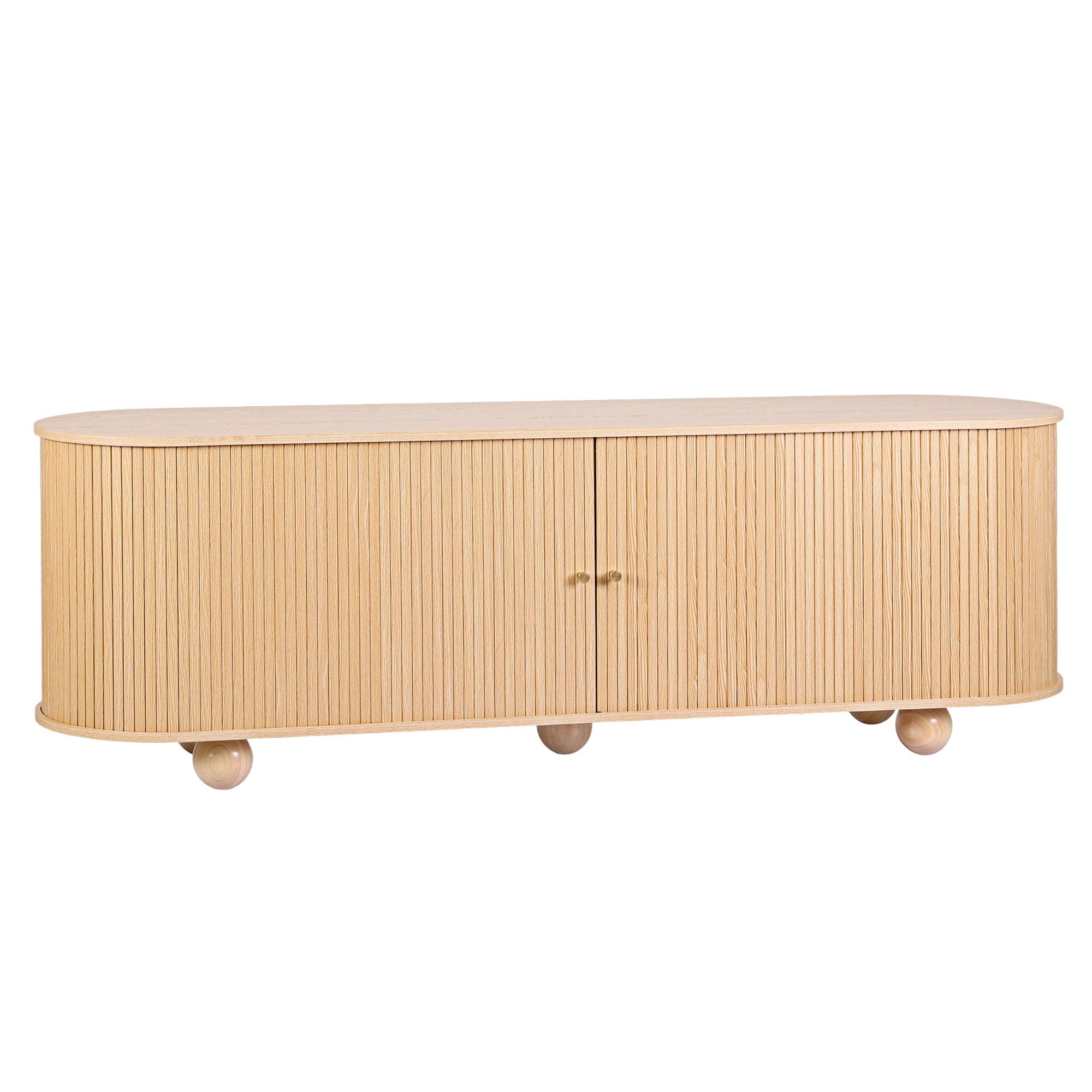 Artiss 180cm TV Unit Storage Shelf Curved Edge Sliding Fluted Style Door Pine Bedworld
