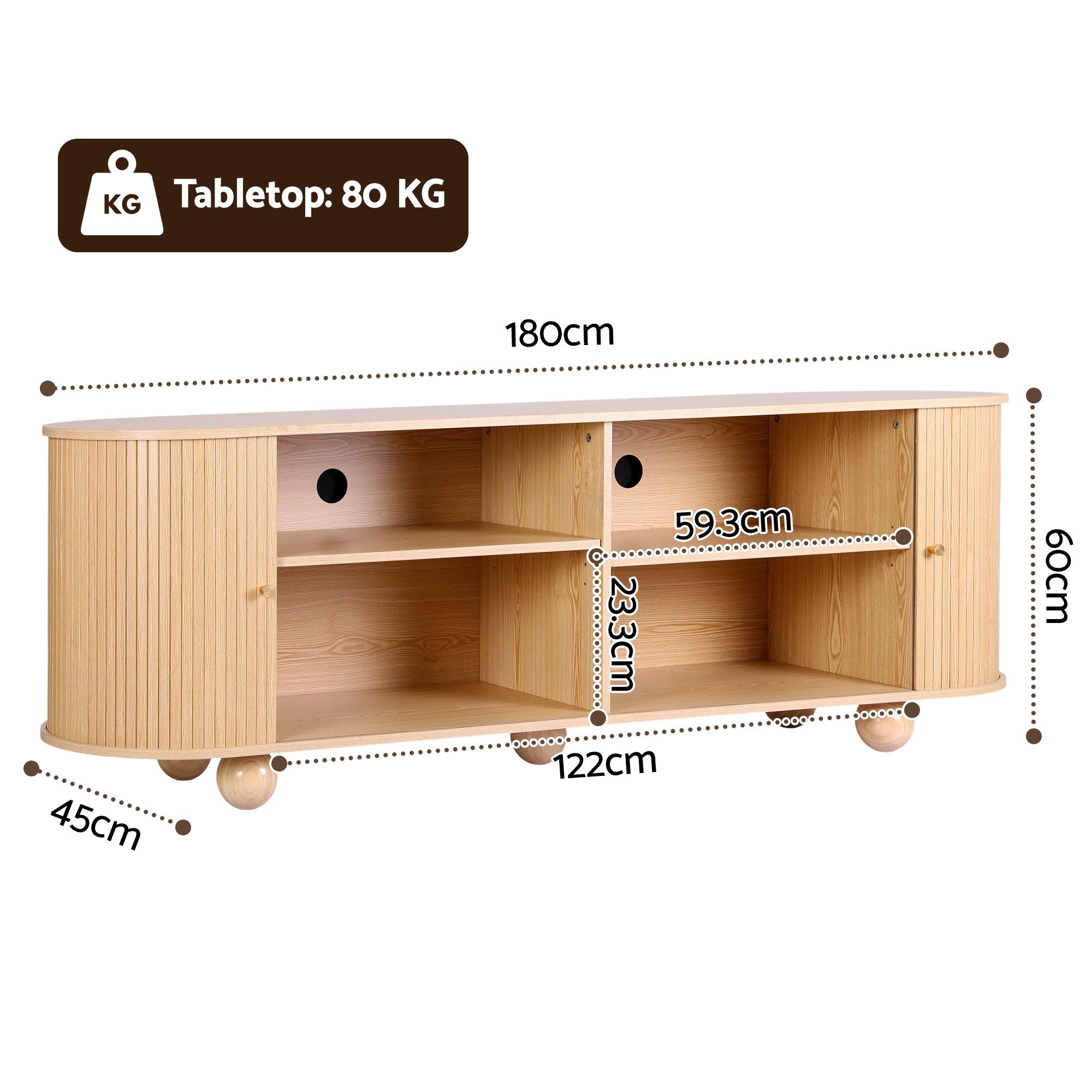 Artiss 180cm TV Unit Storage Shelf Curved Edge Sliding Fluted Style Door Pine Bedworld