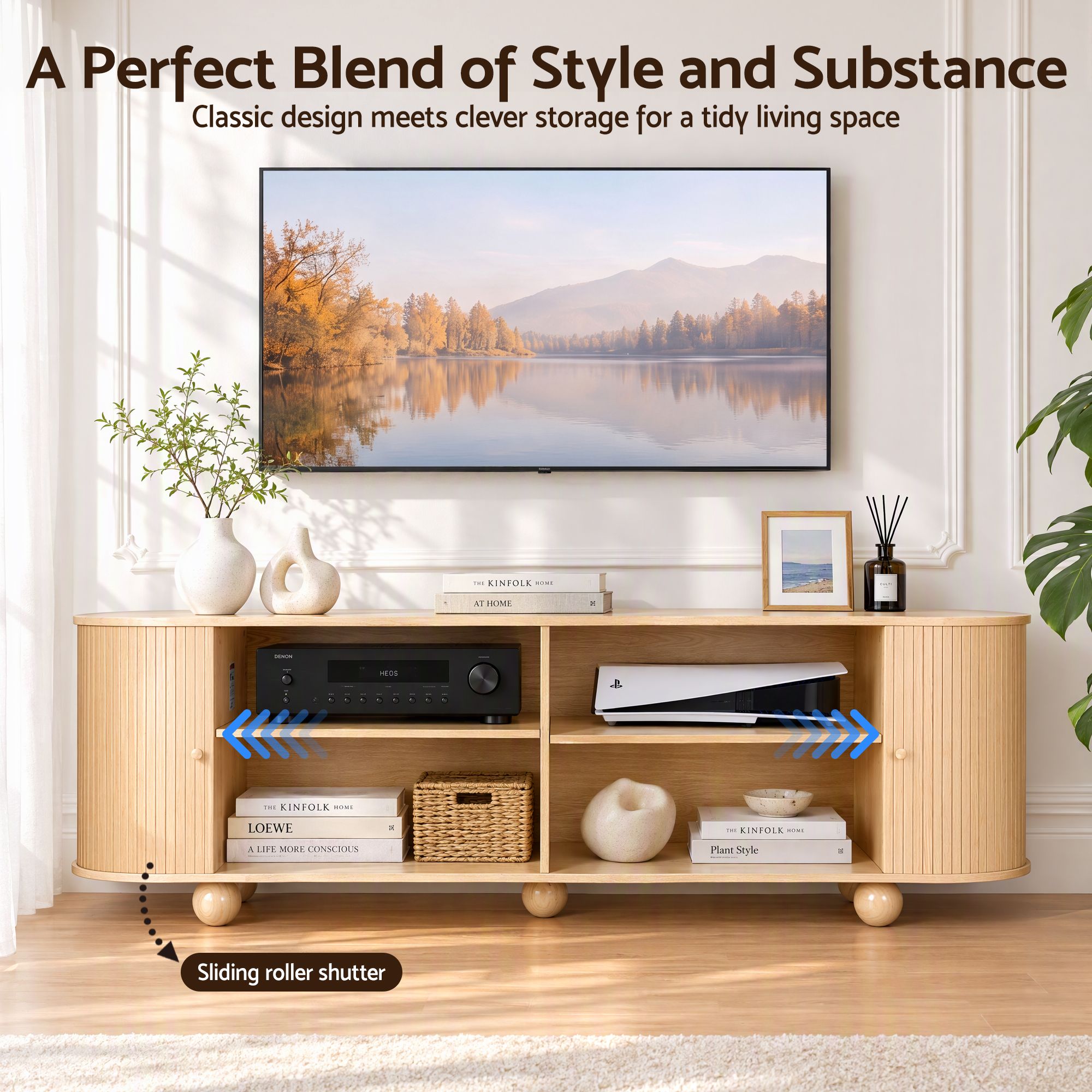 Artiss 180cm TV Unit Storage Shelf Curved Edge Sliding Fluted Style Door Pine Bedworld