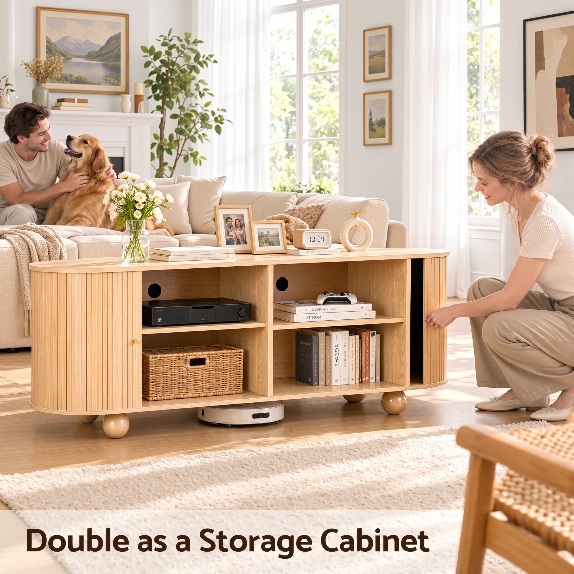 Artiss 180cm TV Unit Storage Shelf Curved Edge Sliding Fluted Style Door Pine Bedworld