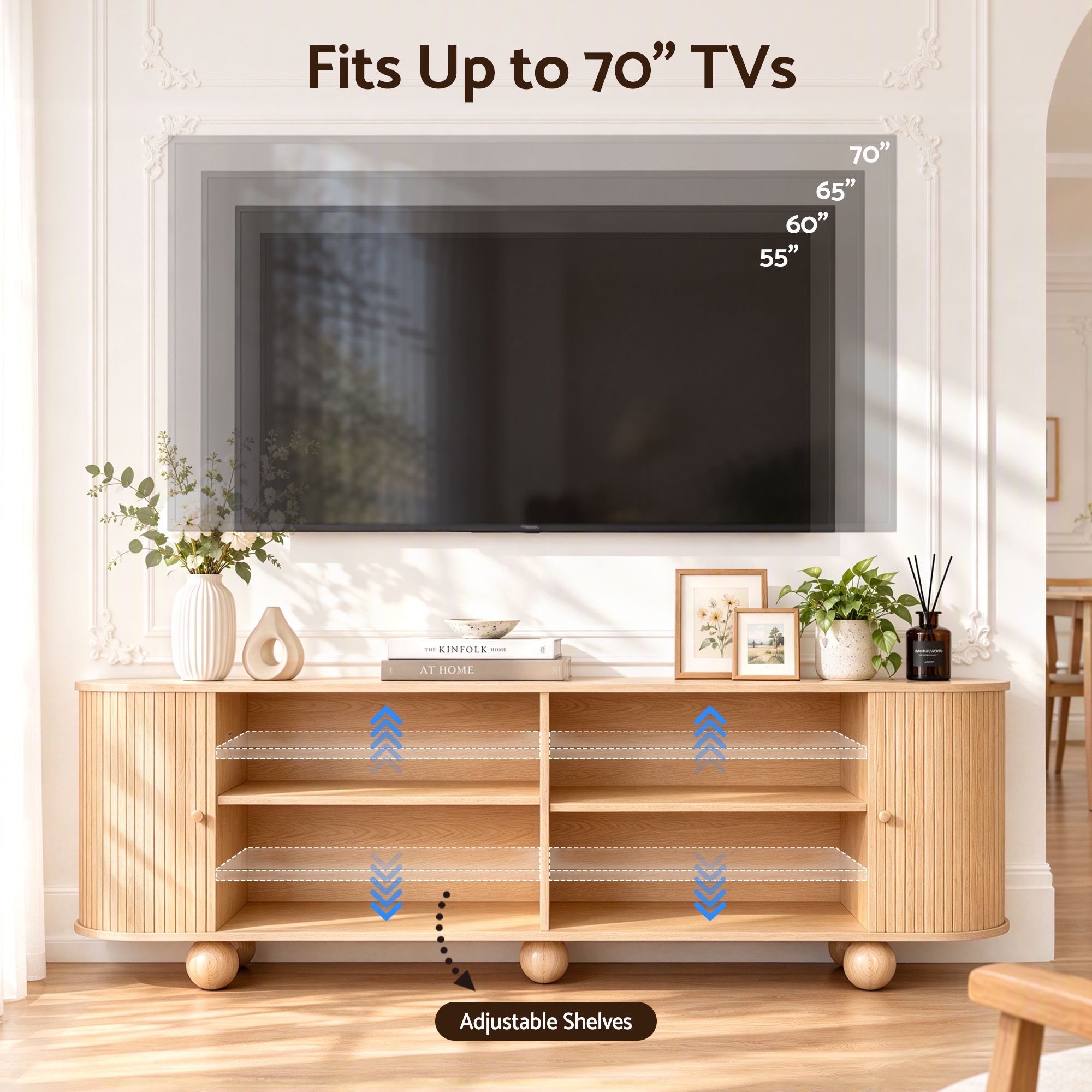 Artiss 180cm TV Unit Storage Shelf Curved Edge Sliding Fluted Style Door Pine Bedworld