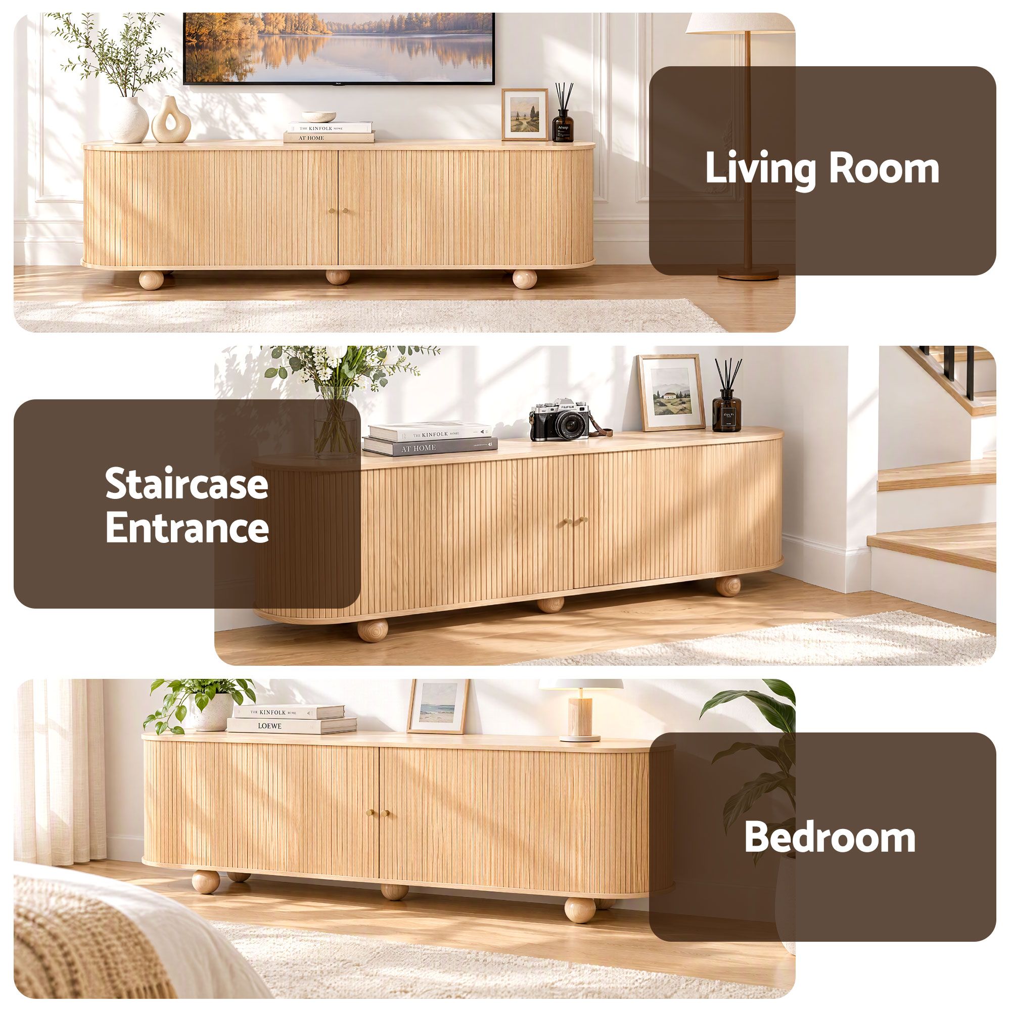 Artiss 180cm TV Unit Storage Shelf Curved Edge Sliding Fluted Style Door Pine Bedworld