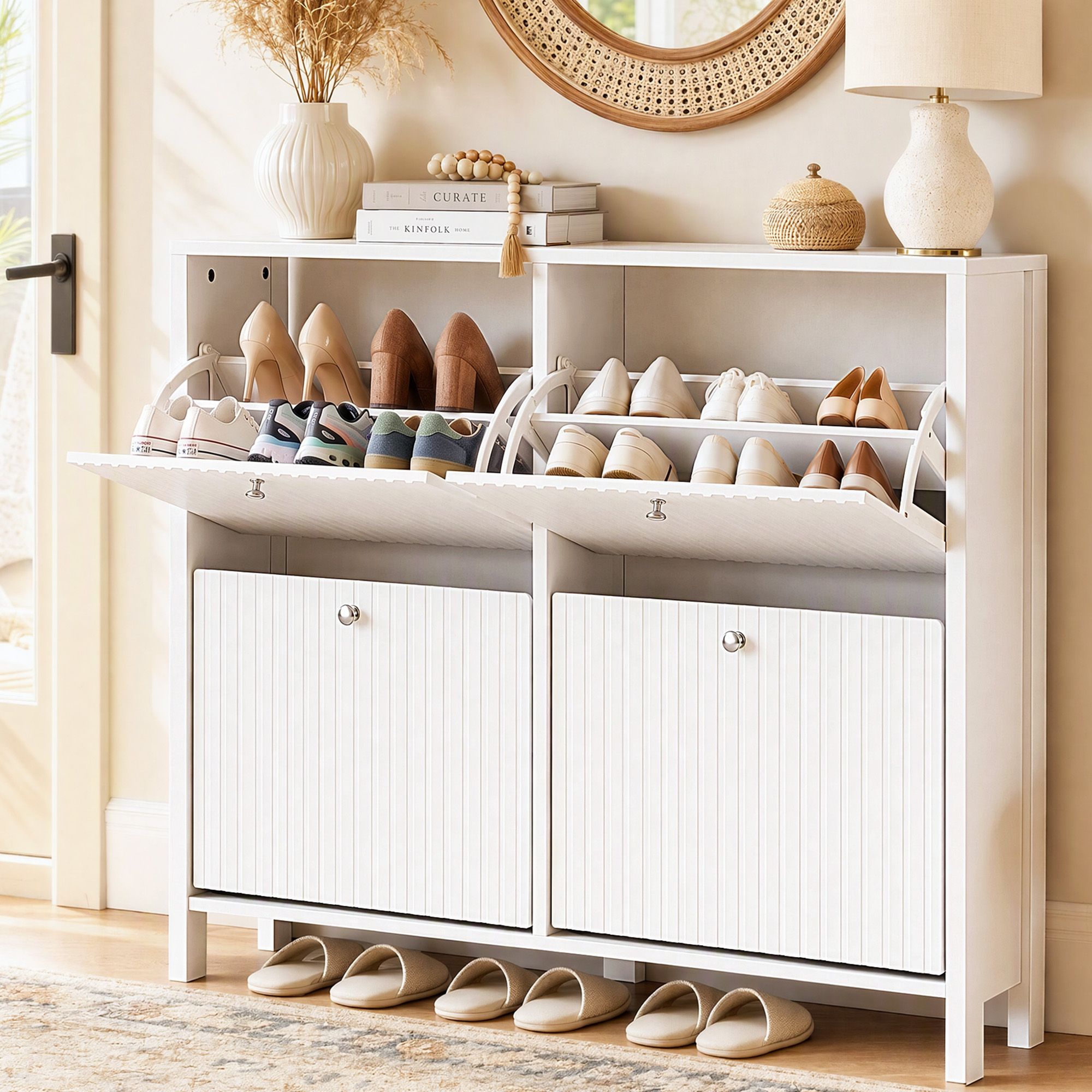 Artiss Shoe Cabinet 4 Flip Drawers Fluted Style Adjustable Shelves White Bedworld