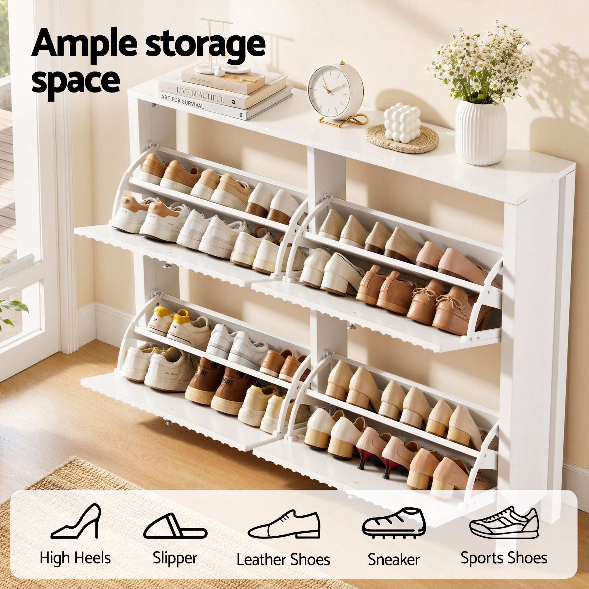 Artiss Shoe Cabinet 4 Flip Drawers Fluted Style Adjustable Shelves White Bedworld