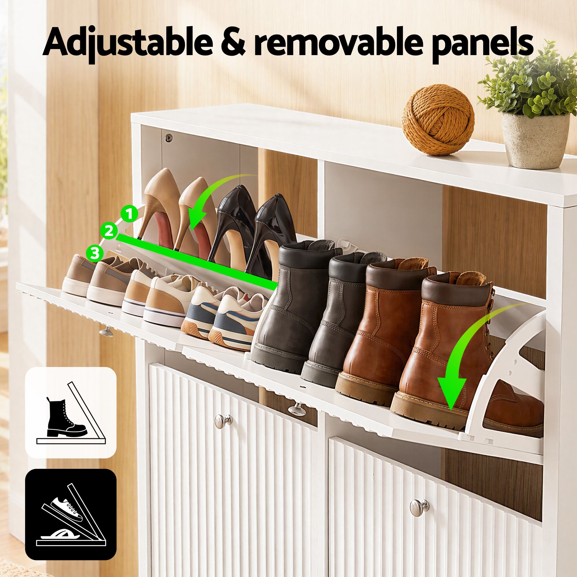 Artiss Shoe Cabinet 4 Flip Drawers Fluted Style Adjustable Shelves White Bedworld