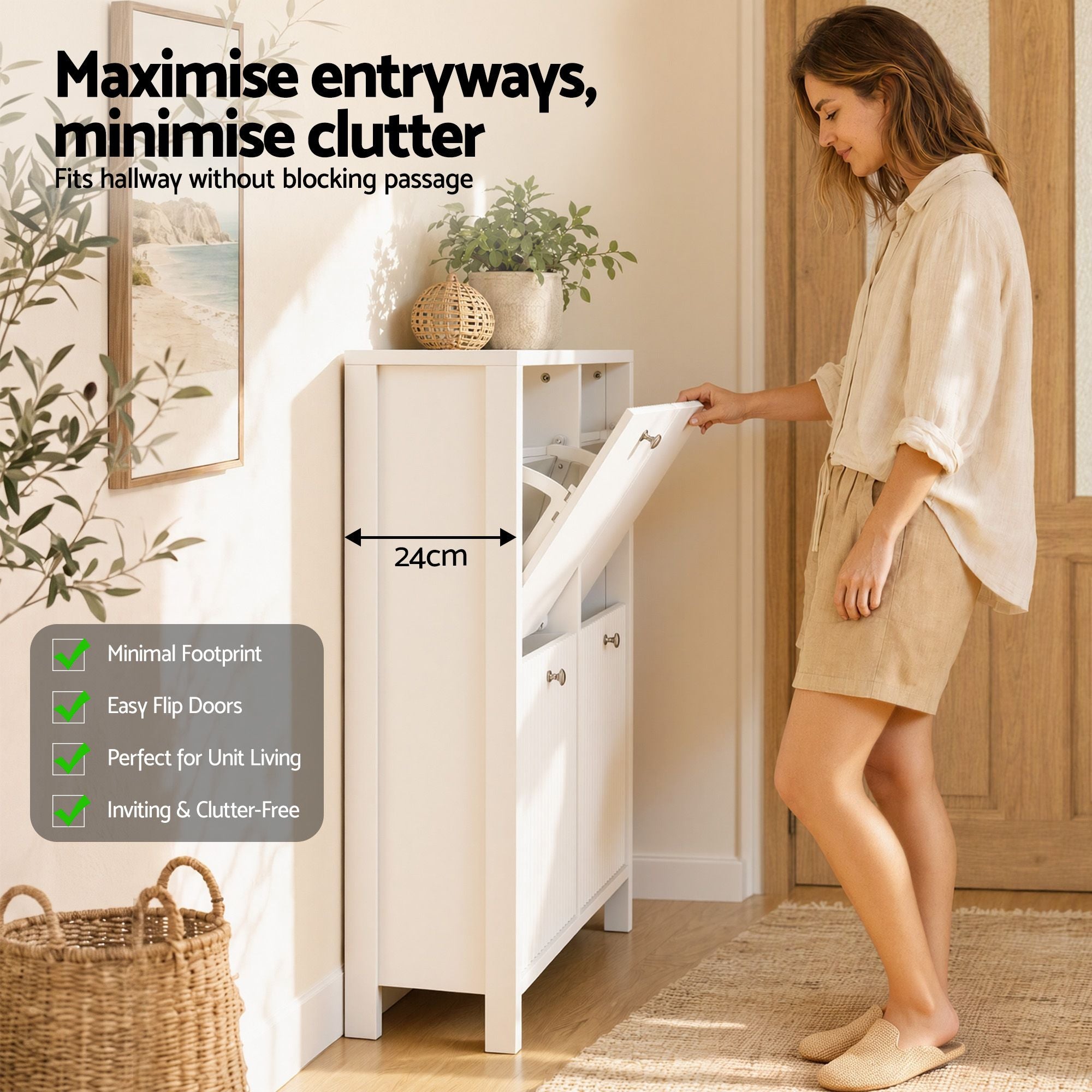 Artiss Shoe Cabinet 4 Flip Drawers Fluted Style Adjustable Shelves White Bedworld