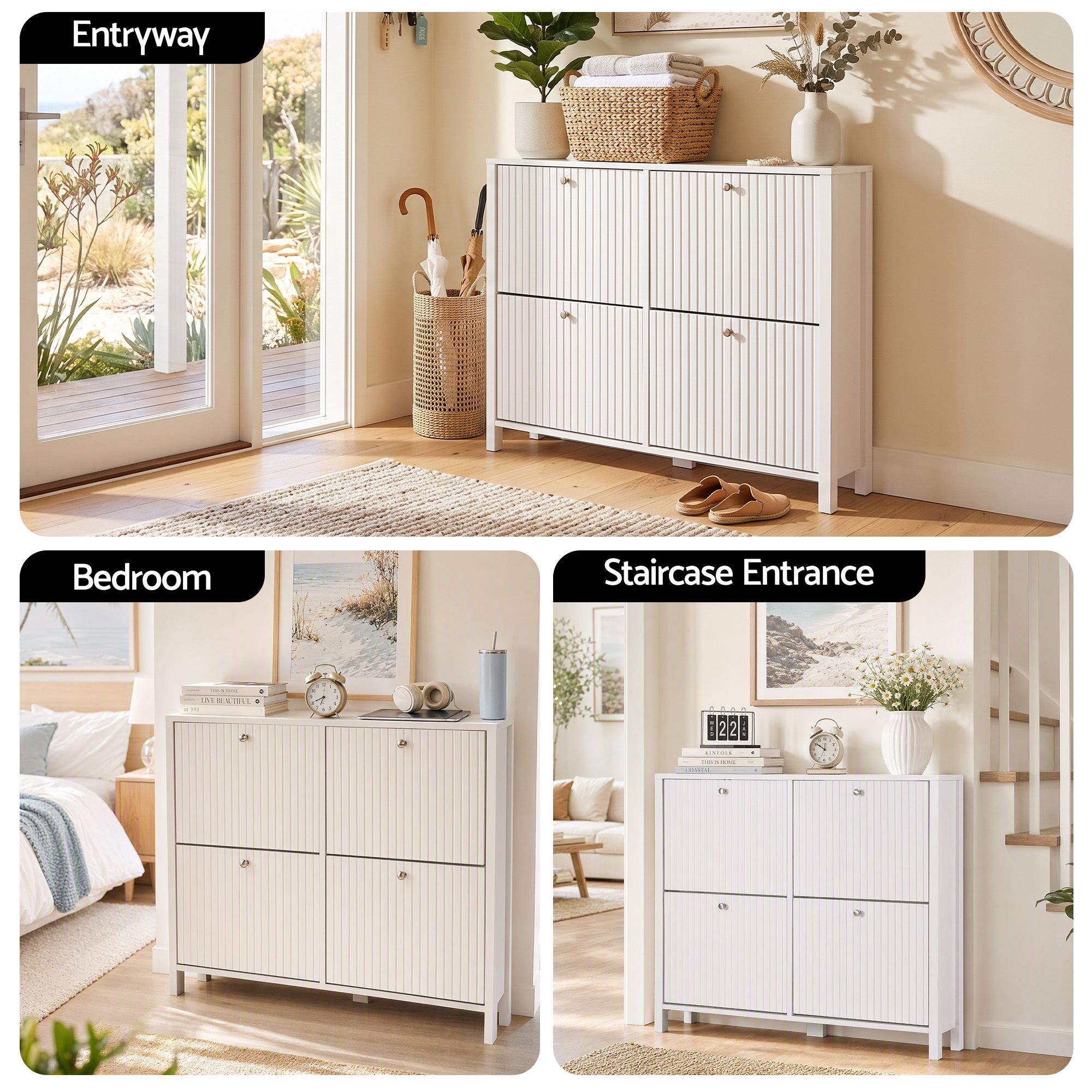 Artiss Shoe Cabinet 4 Flip Drawers Fluted Style Adjustable Shelves White Bedworld