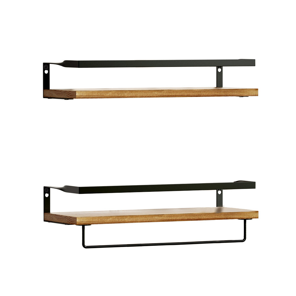 Floating wall shelf set with dark metal frame and light wood plank, two-piece design