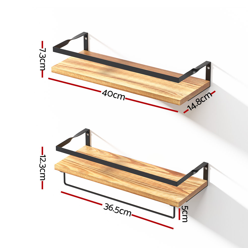 Two floating wall shelves with black metal brackets and natural wood boards