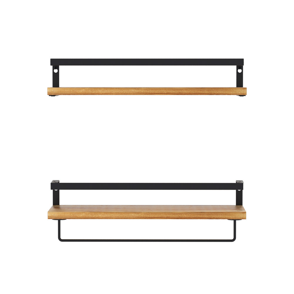 Two floating wall shelves with black metal rails and natural wood shelves, side-by-side