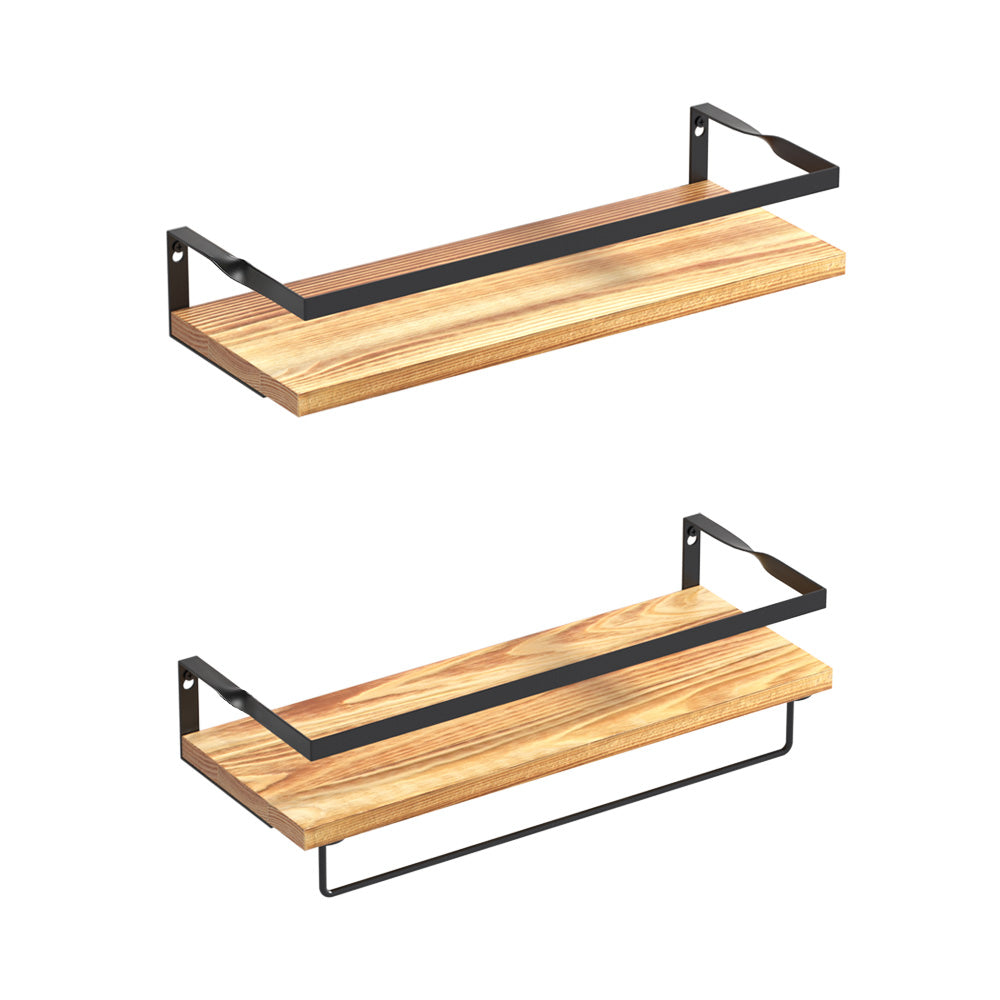 Floating wall shelves with black metal brackets and natural wood planks, angled view