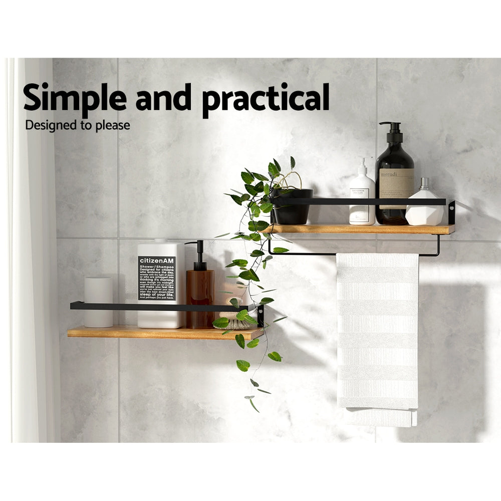 Floating wall shelf set with black metal rails and natural wood boards for countertop display