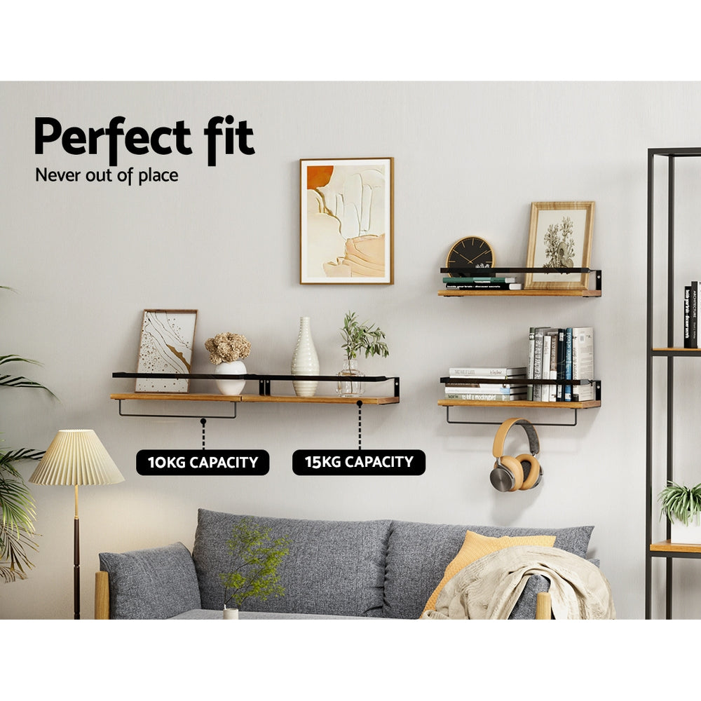 Floating wall shelf set with black metal frames and natural wood planks mounted on wall