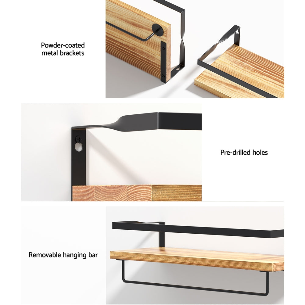 Floating shelf mounting brackets with pre-drilled holes and removable hanging bar