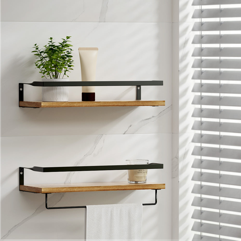 Floating wall shelf set with black metal brackets and natural wood planks, stacked placement