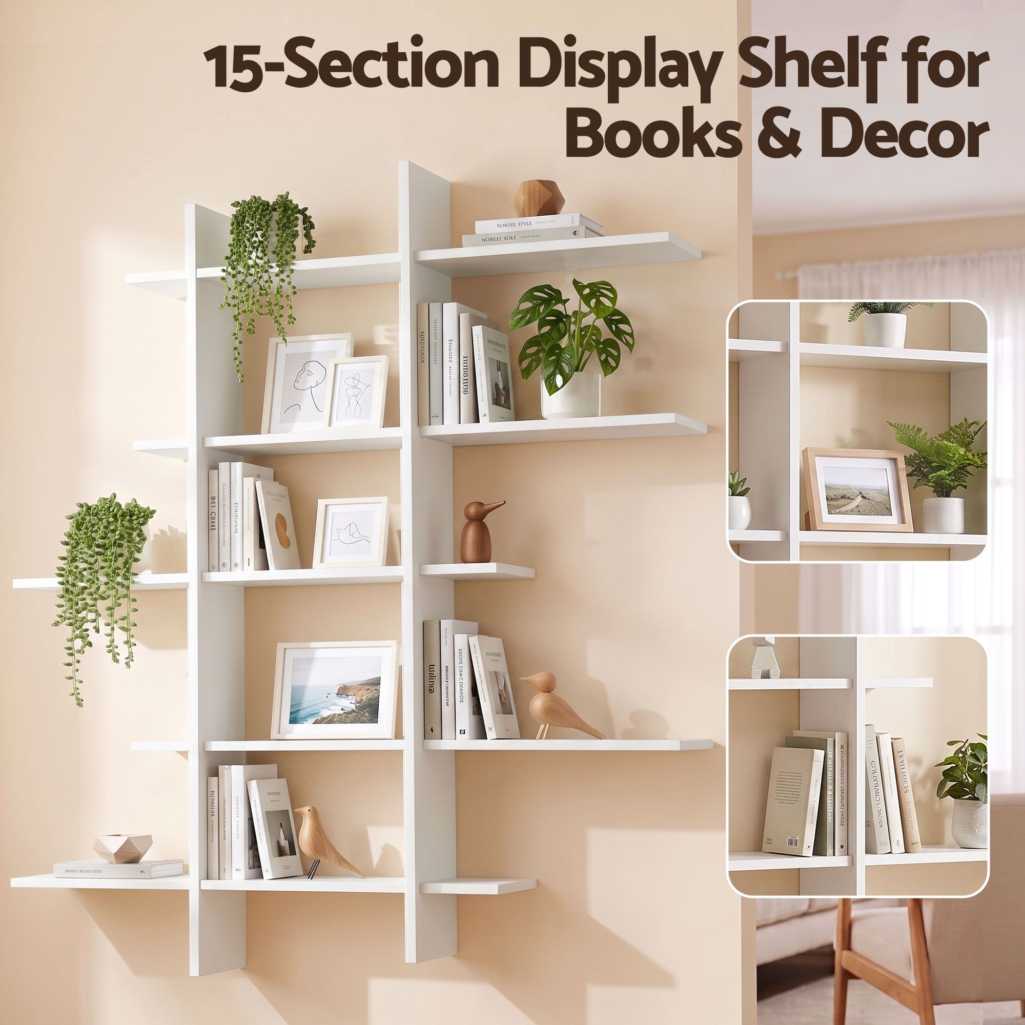 Artiss 15-Section Wall Mounted Display Shelf, Floating Bookshelf for Books and Decor, Extra Thick E1 PB Board for Home Study and Living Room, 116 x 18 x 129 cm Bedworld