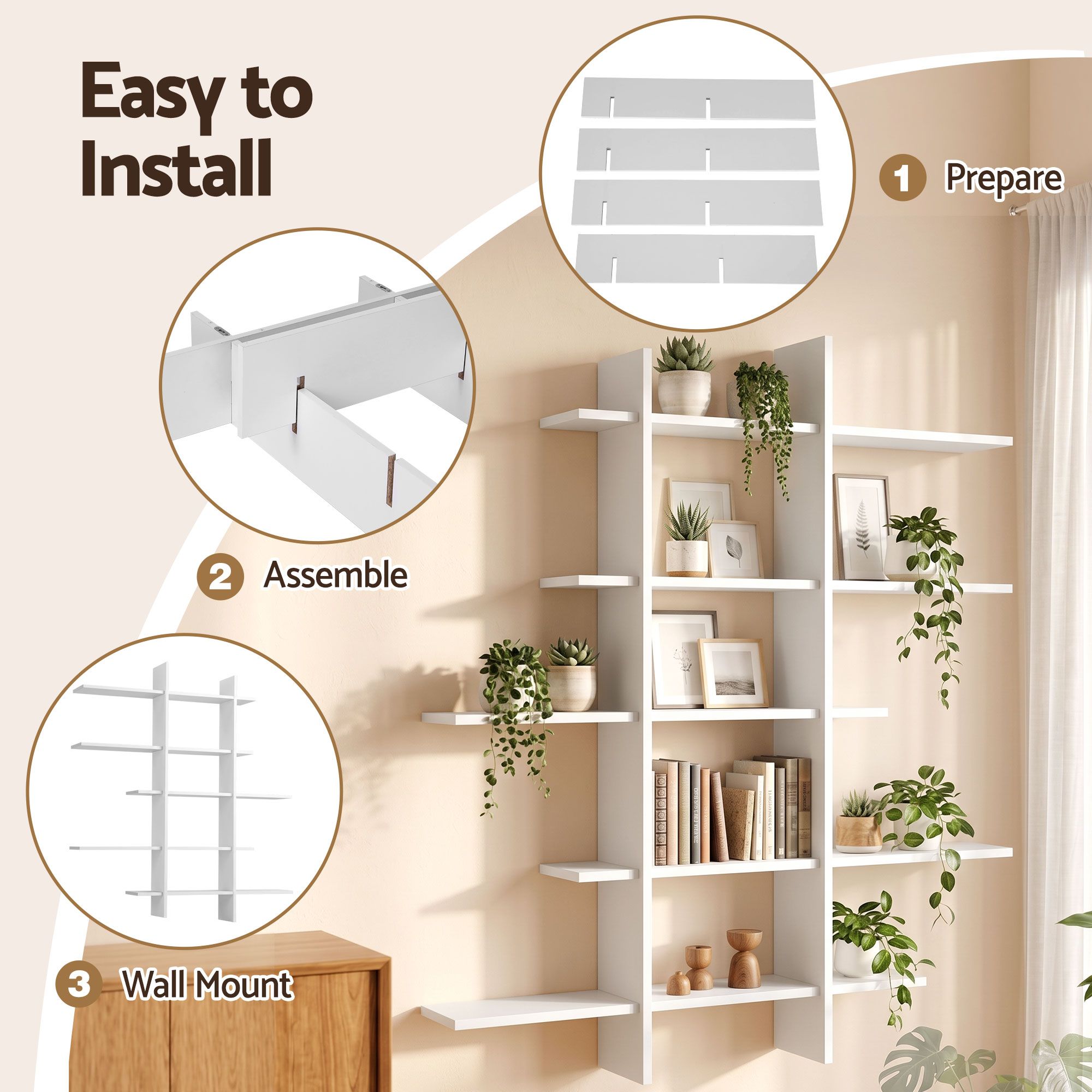 Artiss 15-Section Wall Mounted Display Shelf, Floating Bookshelf for Books and Decor, Extra Thick E1 PB Board for Home Study and Living Room, 116 x 18 x 129 cm Bedworld