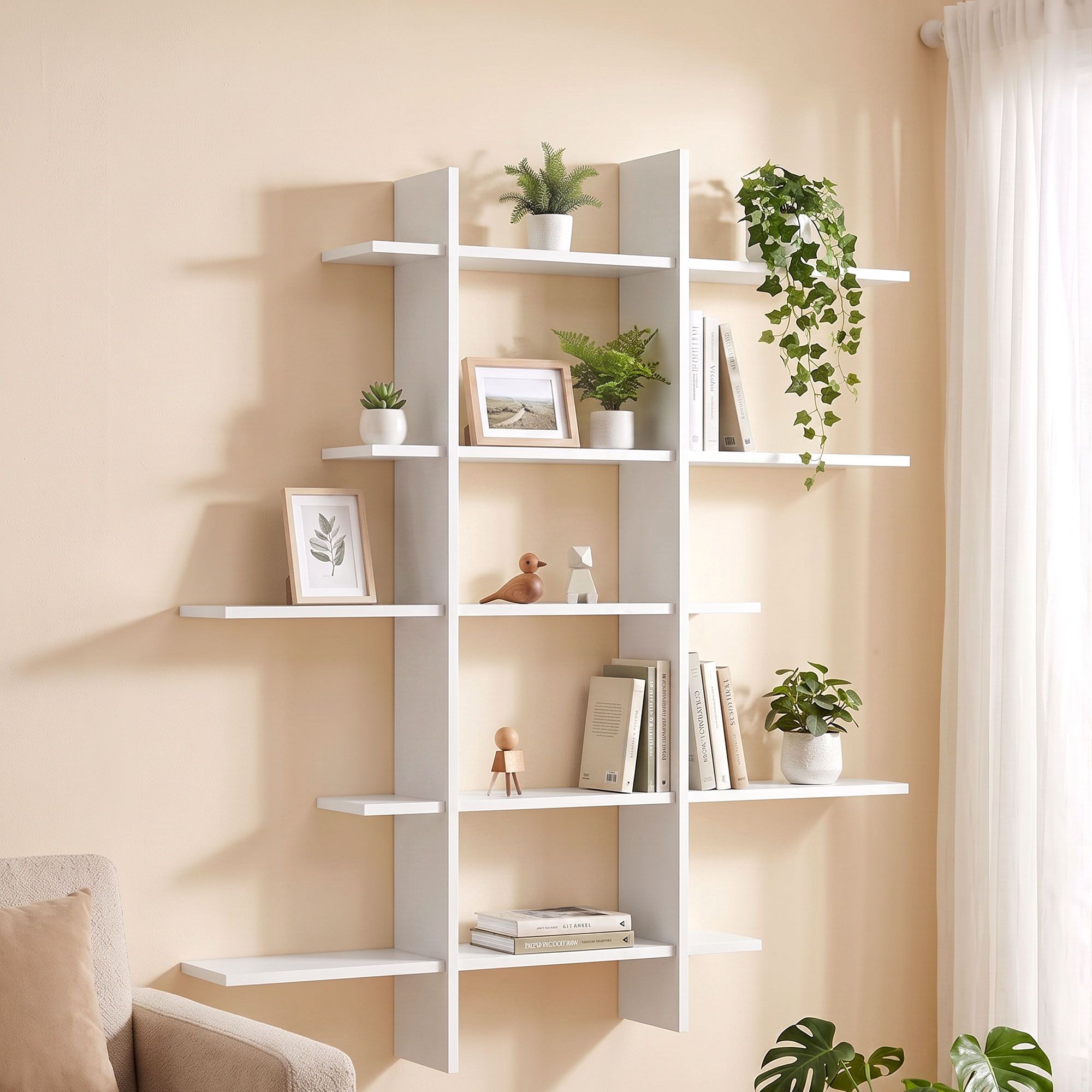 Artiss 15-Section Wall Mounted Display Shelf, Floating Bookshelf for Books and Decor, Extra Thick E1 PB Board for Home Study and Living Room, 116 x 18 x 129 cm Bedworld