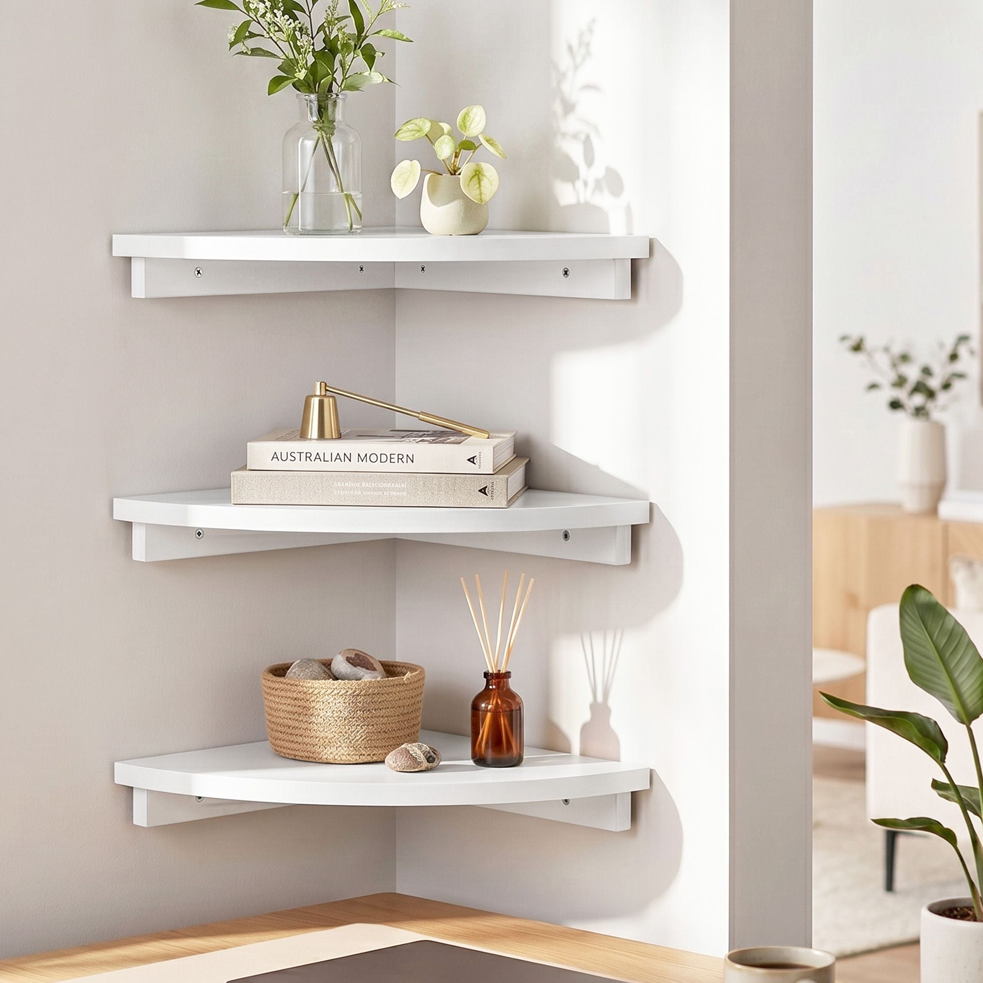 Artiss 3pc Corner Floating Wall Shelf Wall Mounted Display Rack Round Edge White Bedworld