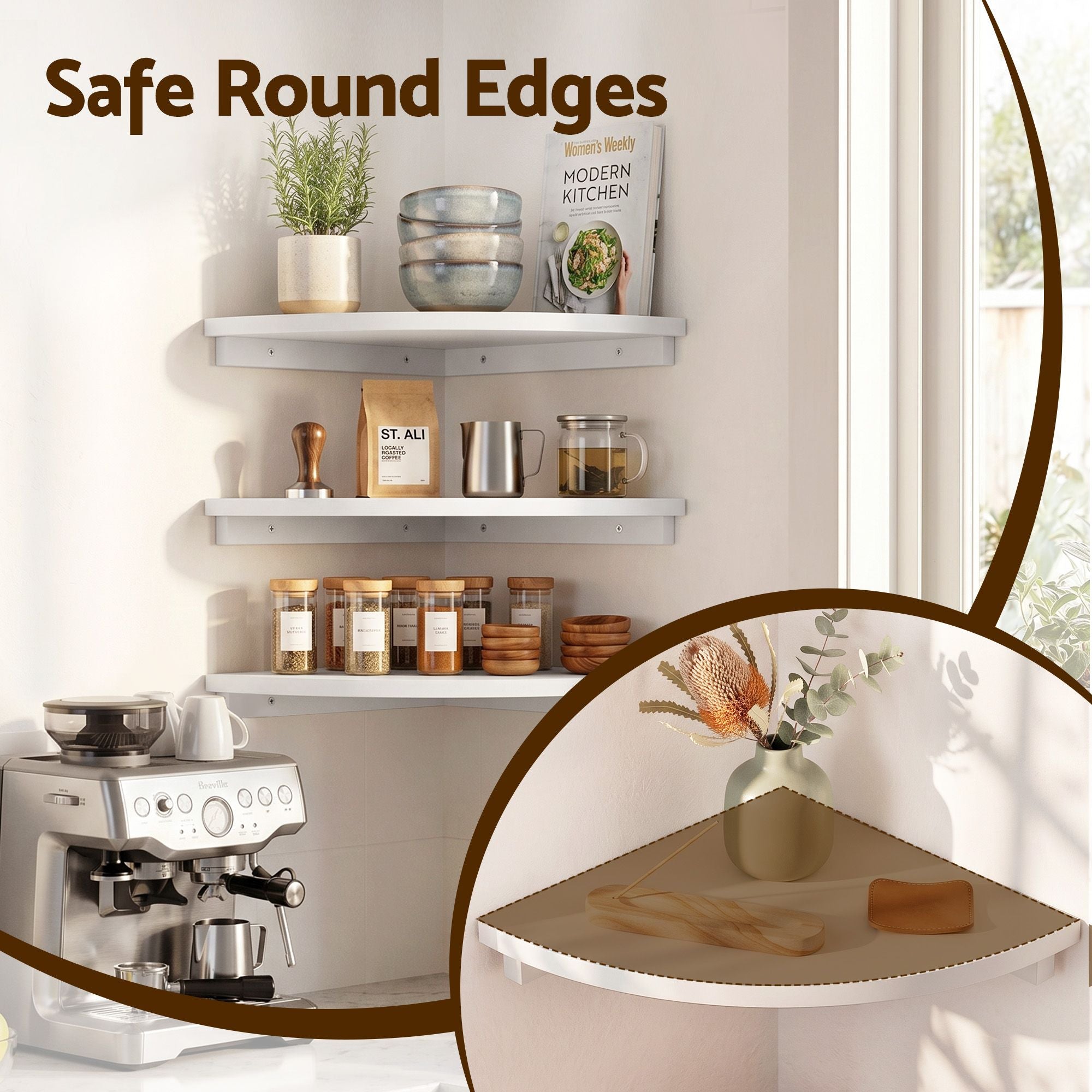 Artiss 3pc Corner Floating Wall Shelf Wall Mounted Display Rack Round Edge White Bedworld