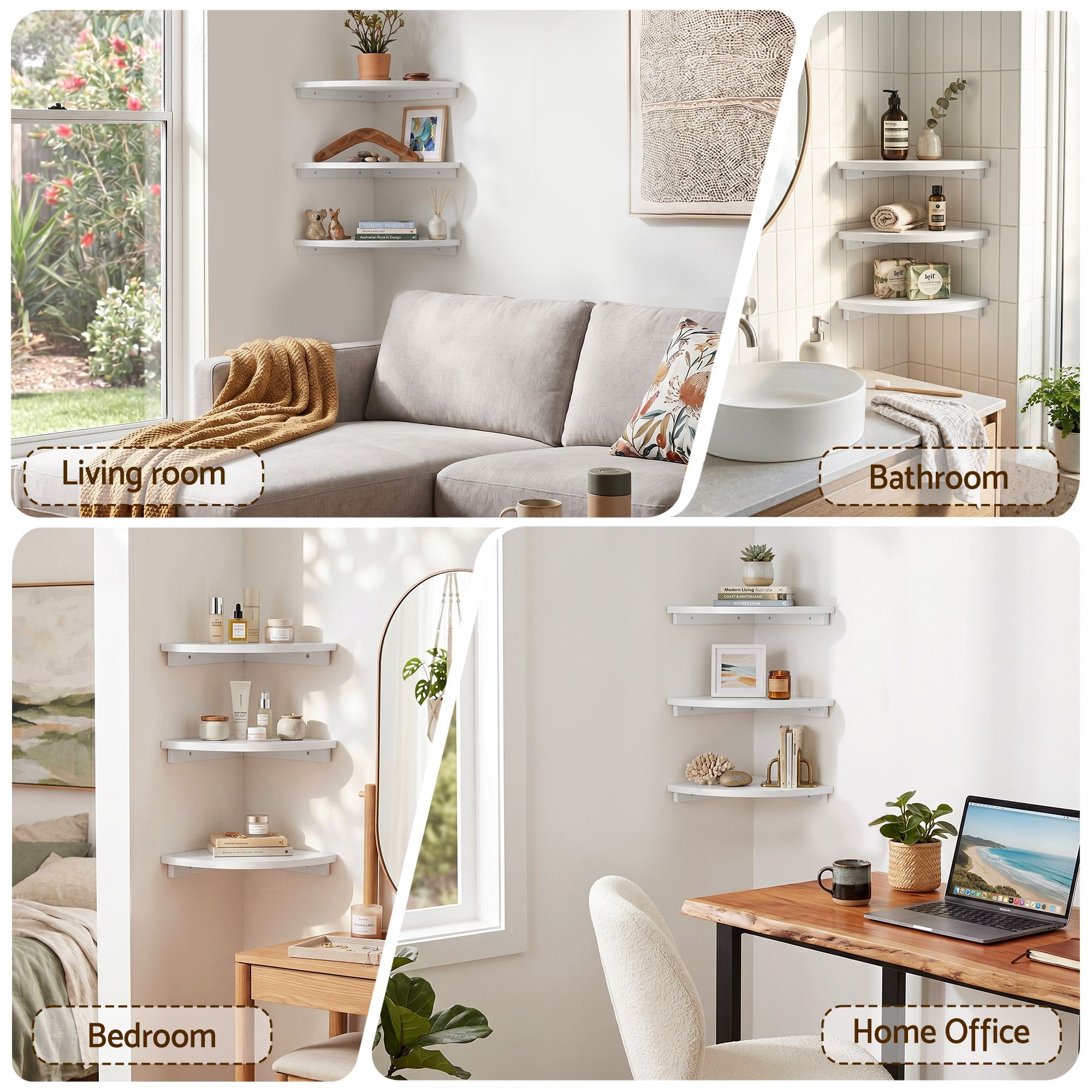 Artiss 3pc Corner Floating Wall Shelf Wall Mounted Display Rack Round Edge White Bedworld