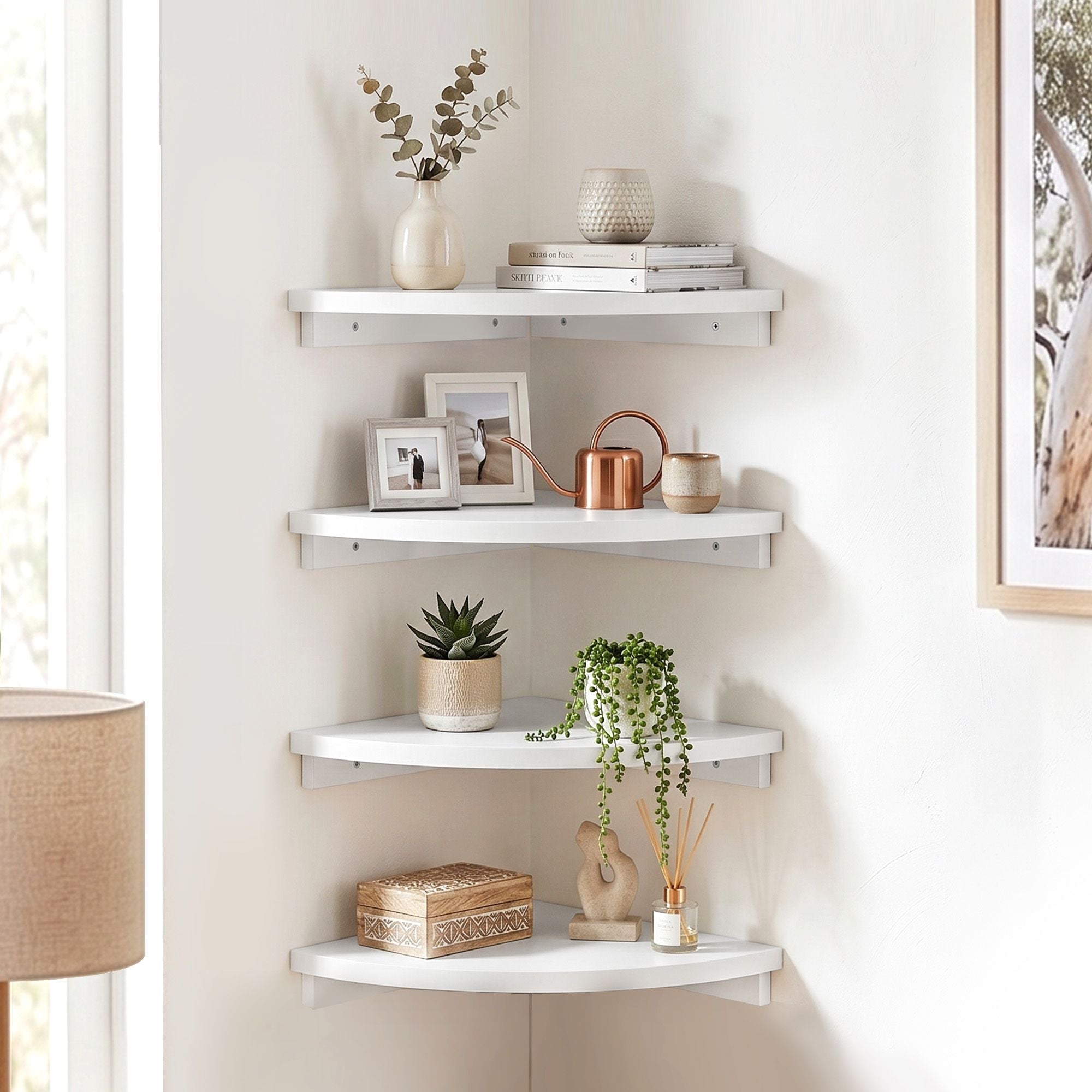Artiss 4pc Corner Floating Wall Shelf Wall Mounted Display Rack Round Edge White Bedworld