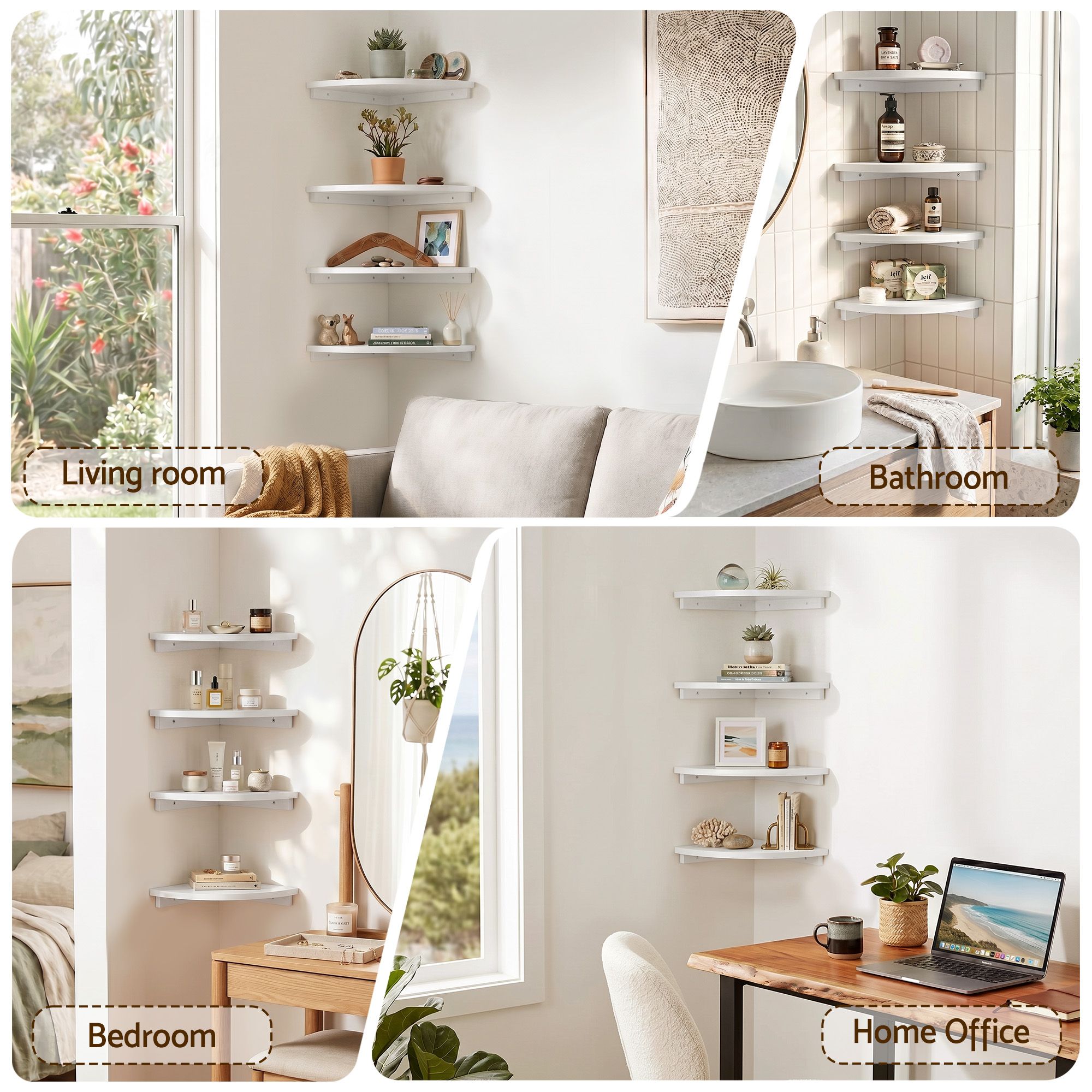 Artiss 4pc Corner Floating Wall Shelf Wall Mounted Display Rack Round Edge White Bedworld