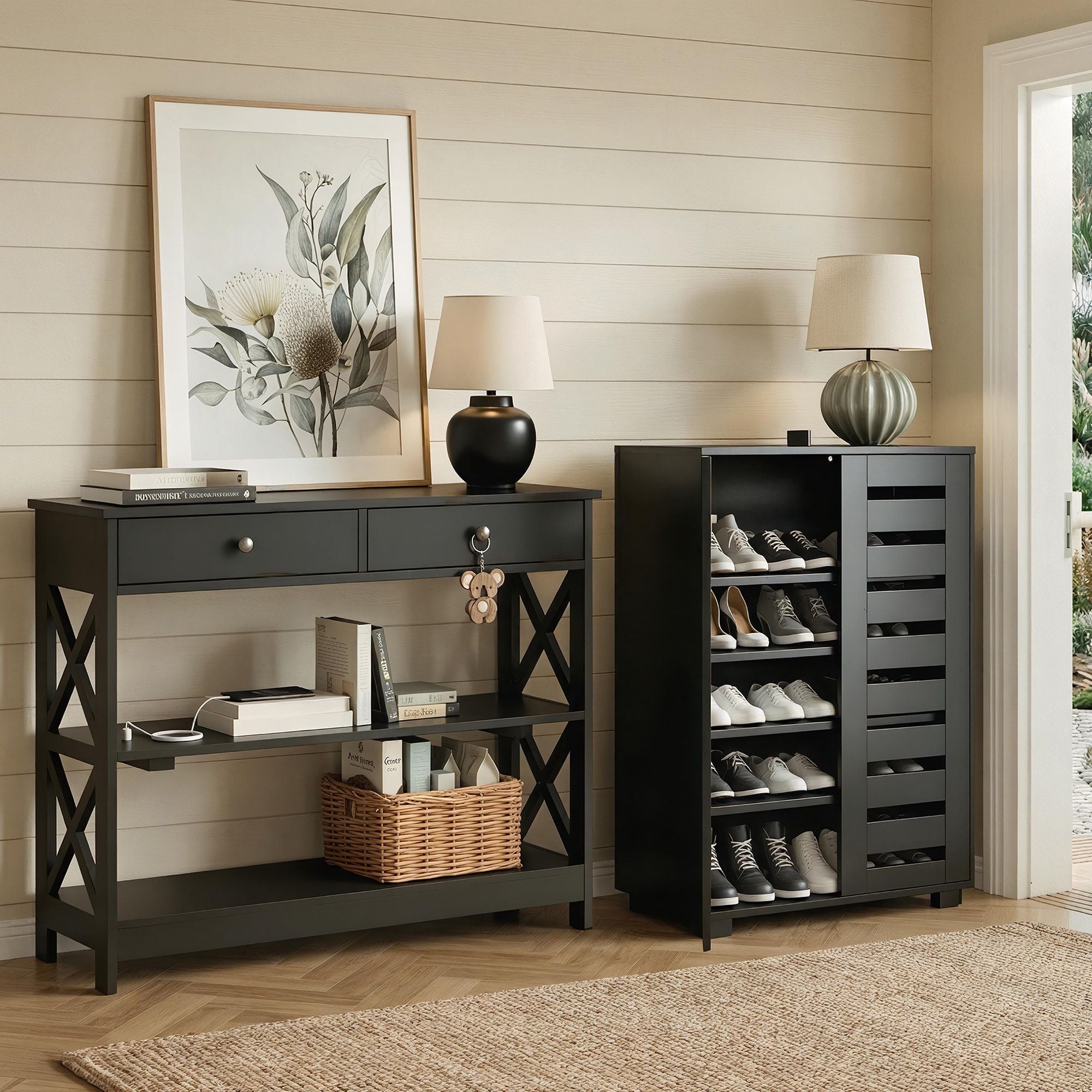 Artiss Shoe Rack Cabinet & Console Table Set Storage Shelf Black Bedworld