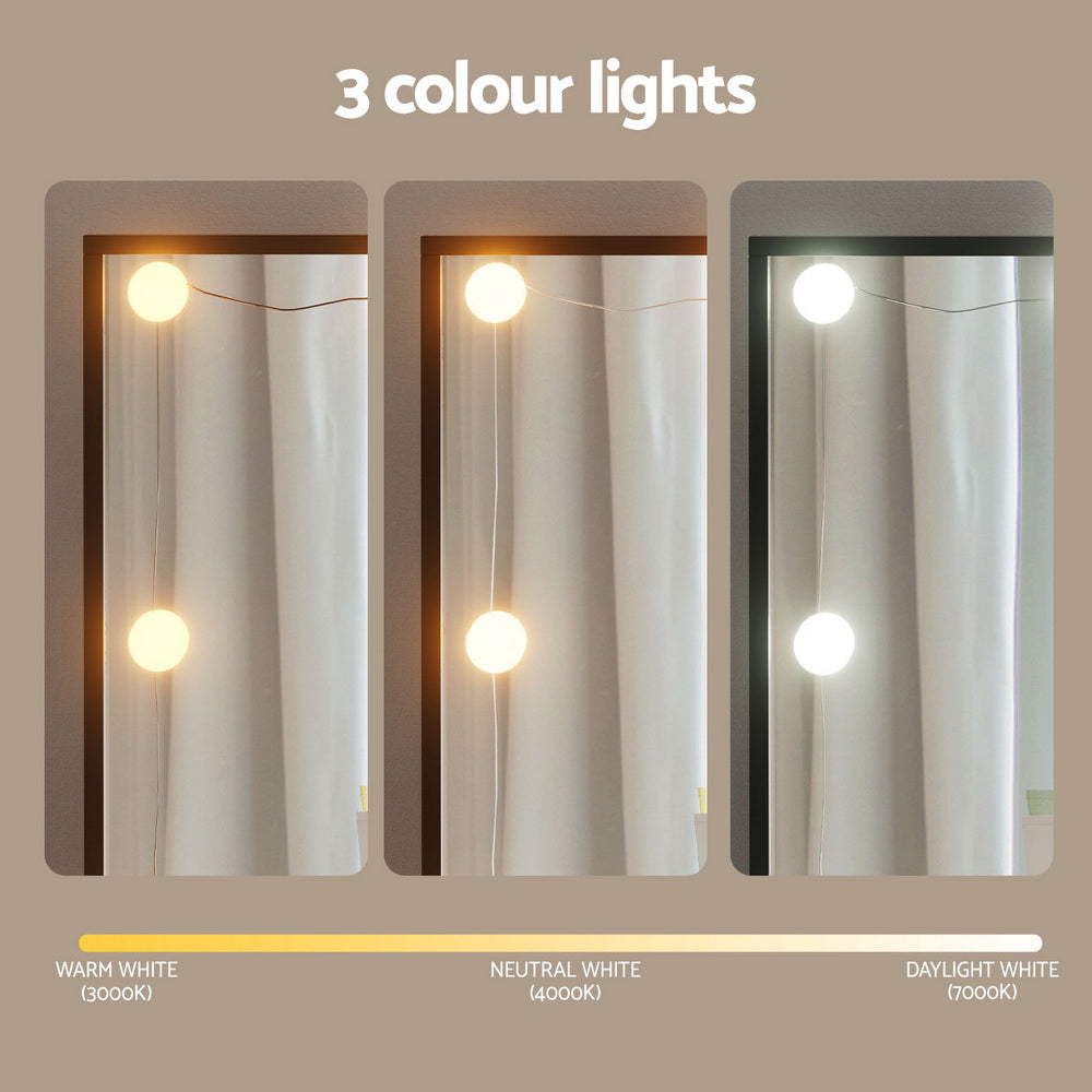 Dressing table vanity mirror lights showing warm, neutral, and daylight white options