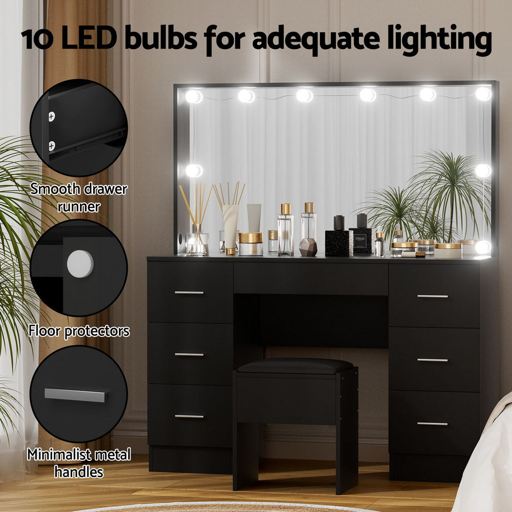 Dressing table vanity with ten LED bulbs; smooth drawers and minimalist metal handles