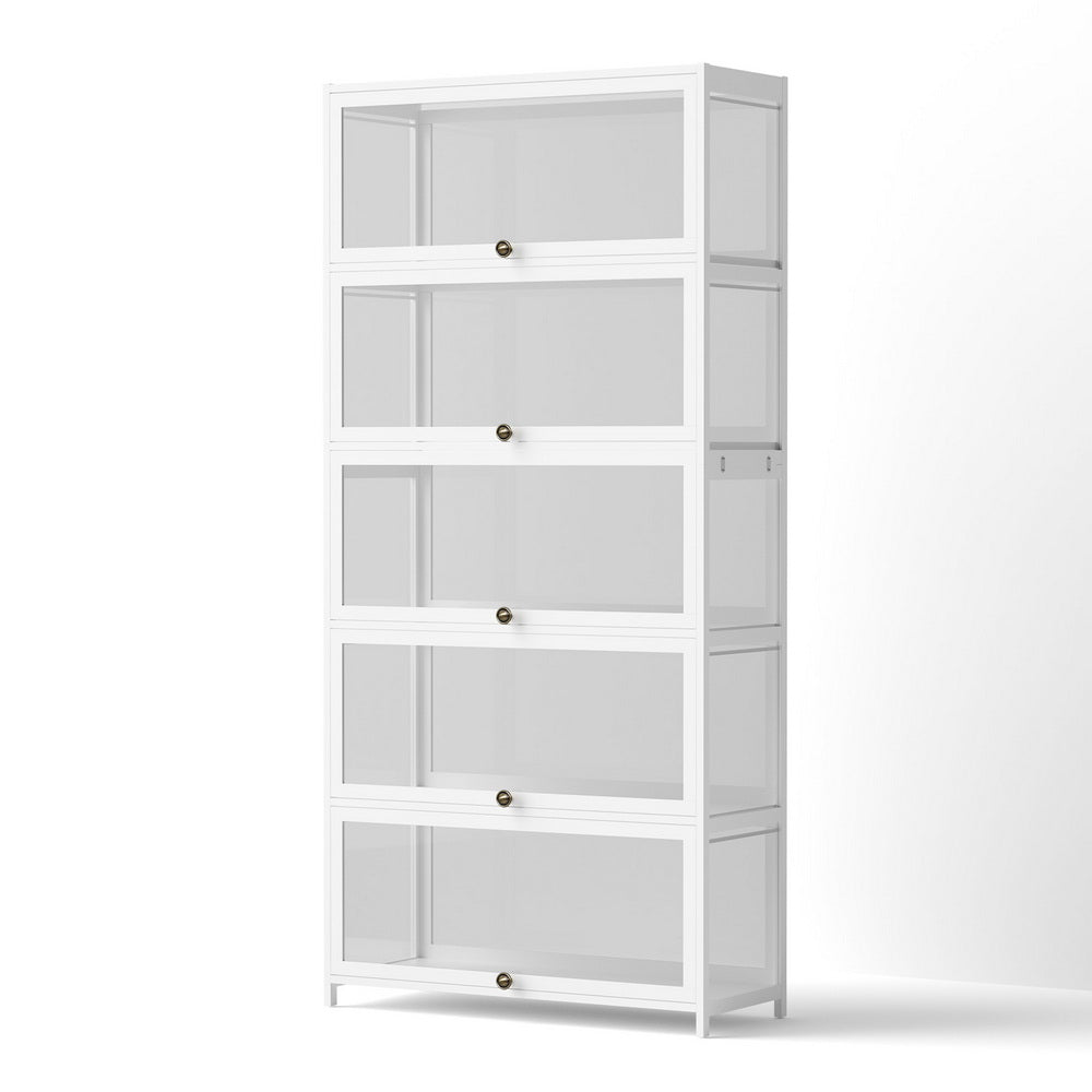 White 5-tier display cabinet with glass-style doors, clear shelves, and metal knob pulls