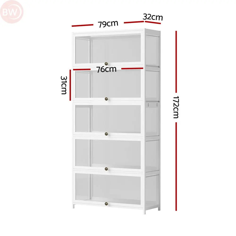 White 5-tier display cabinet size diagram with height and width measurements