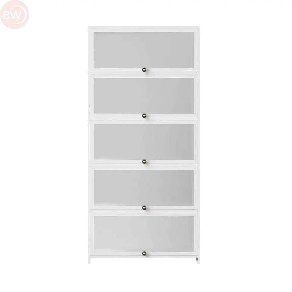 White 5-tier display cabinet with five framed shelf openings and metal knobs
