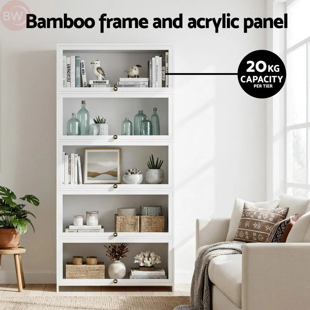 White 5-tier display cabinet with acrylic panels and open shelving