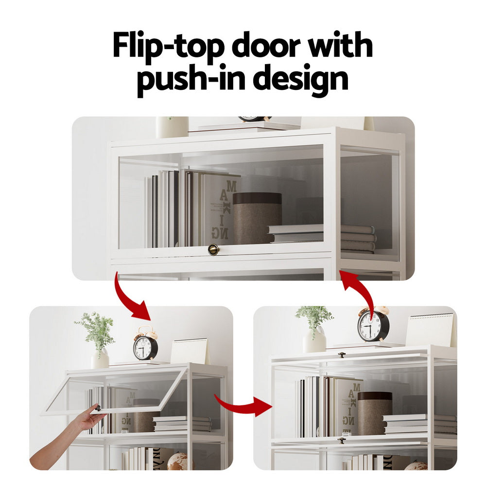 White display cabinet with clear shelves and push-in flip-top door; interior shelves