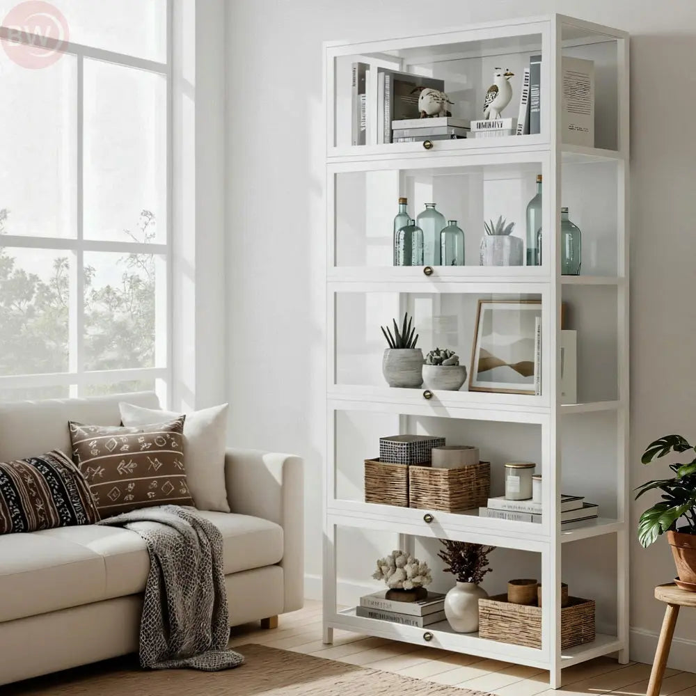 White 5-tier display cabinet with clear shelf panels for storing books and decor