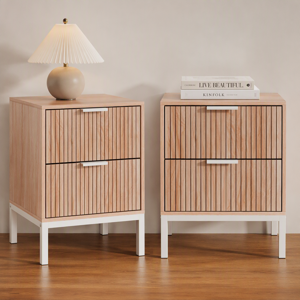 Artiss 2X Bedside Table 2 Drawers Storage Nightstand Cabinet Metal Legs Pine Bedworld