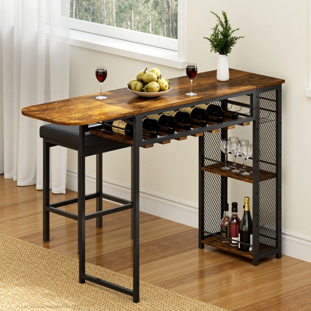 Artiss Industrial Bar Table with Wine Rack Built-in Cup Holder Extendable 140cm