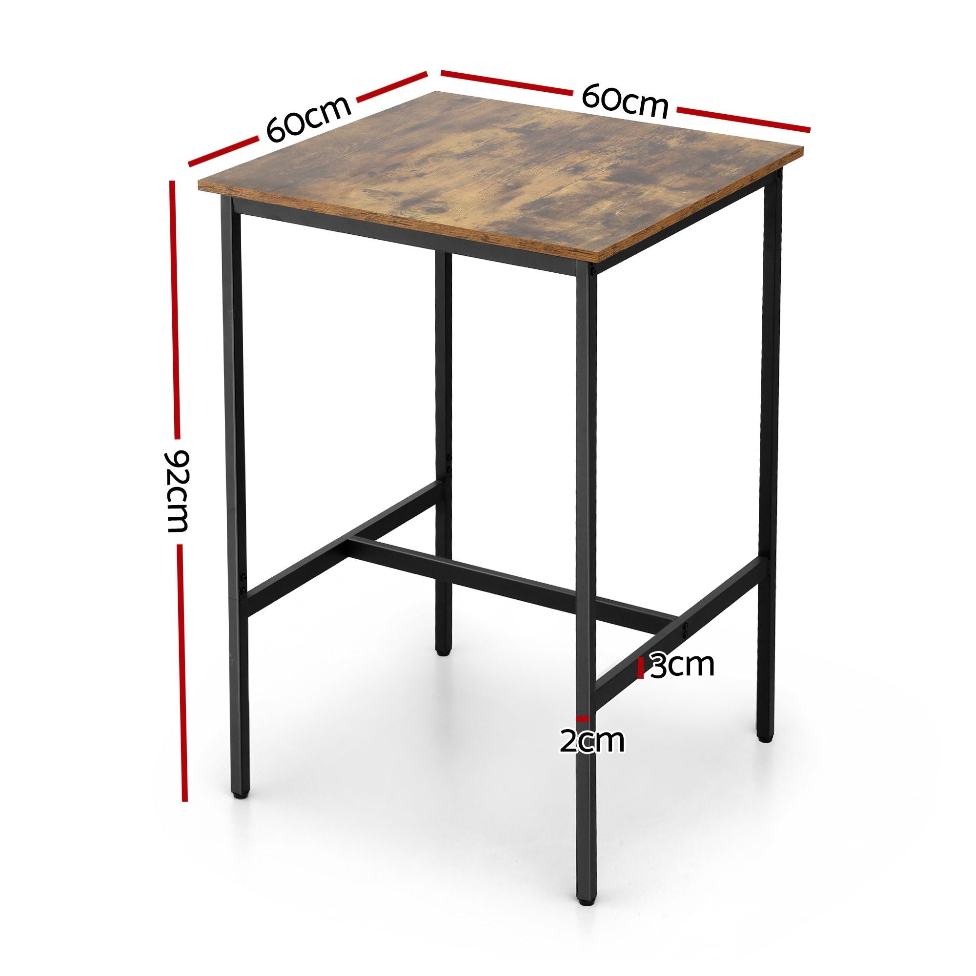 Vintage bar table with rustic wood top and dark metal legs, size diagram