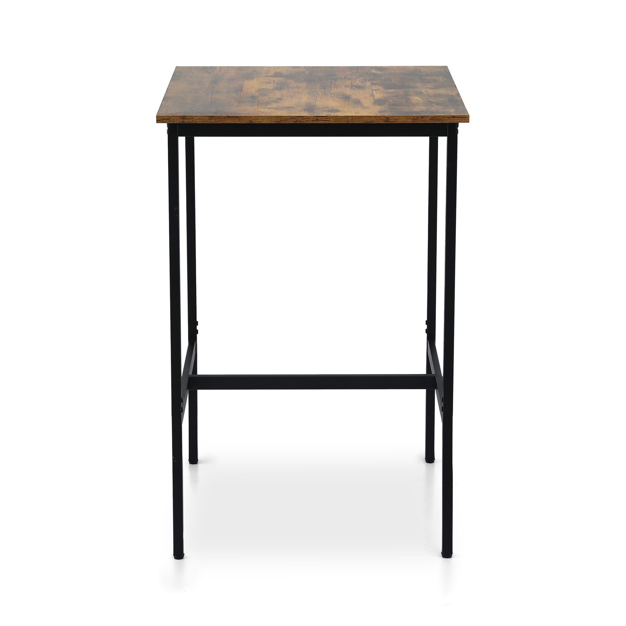 Vintage bar table with rustic wood top and dark metal legs, front view