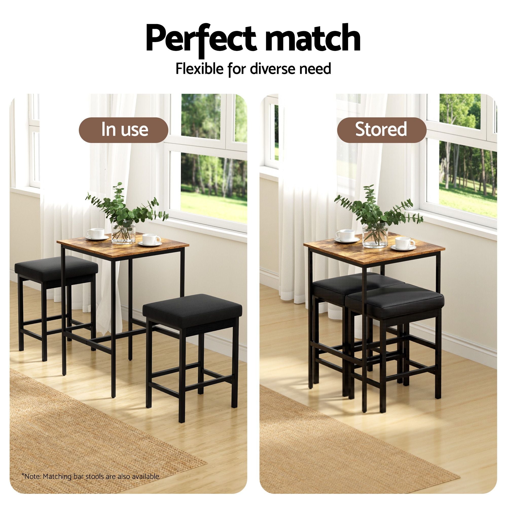 Bar table and matching stools set with dark metal frames and wood tops