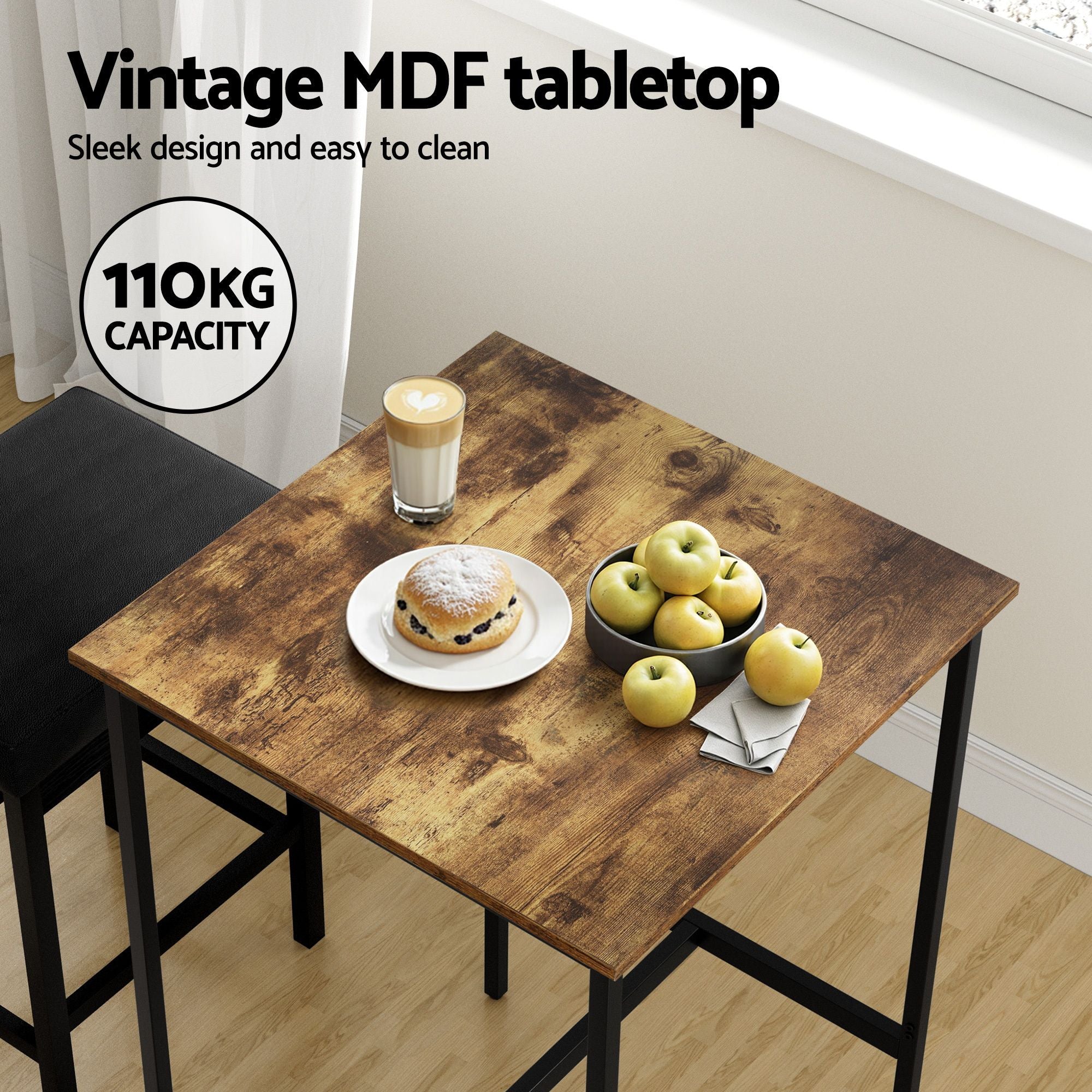 Vintage MDF bar table with rustic wood tabletop and dark metal legs