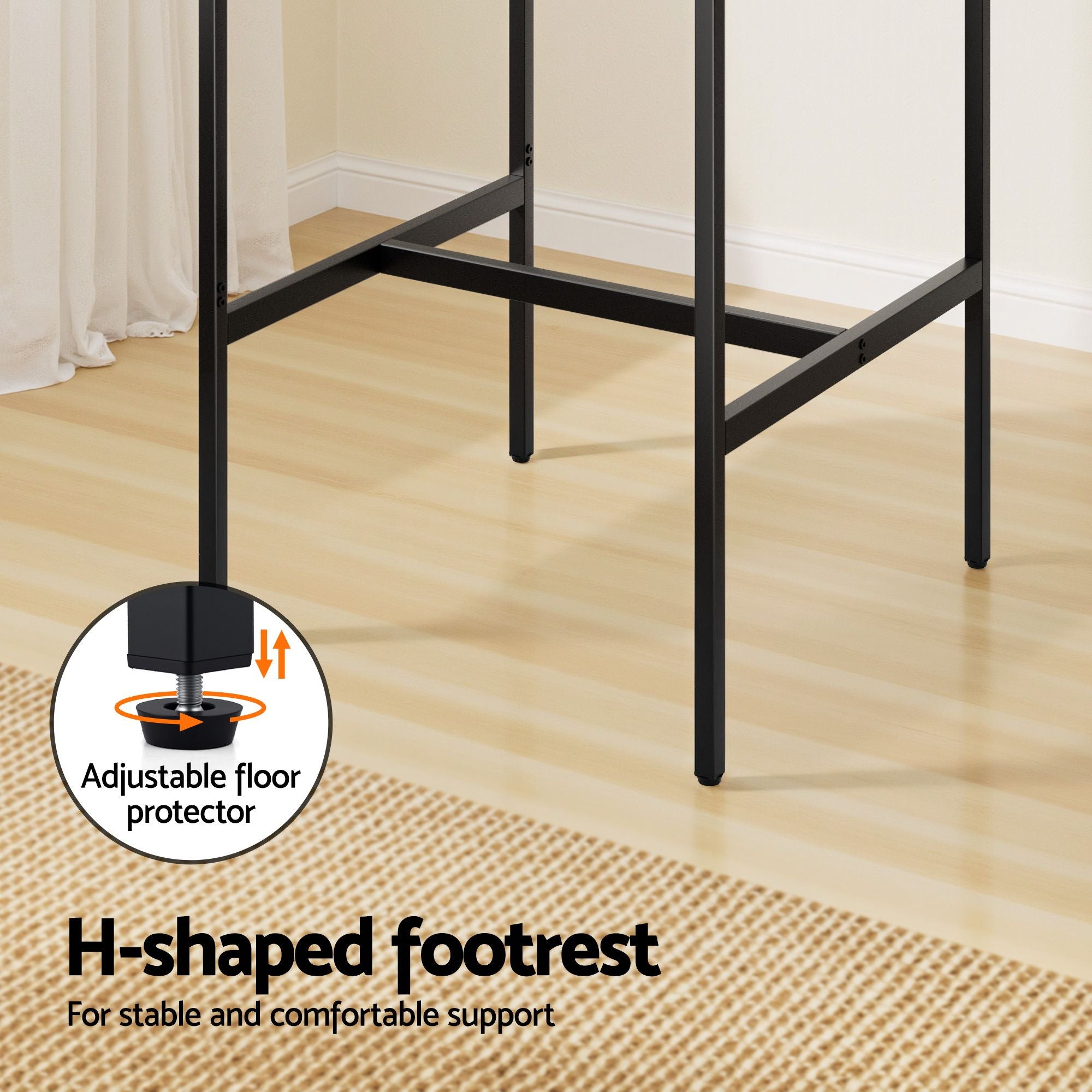 Bar table base with H-shaped footrest and adjustable floor protectors
