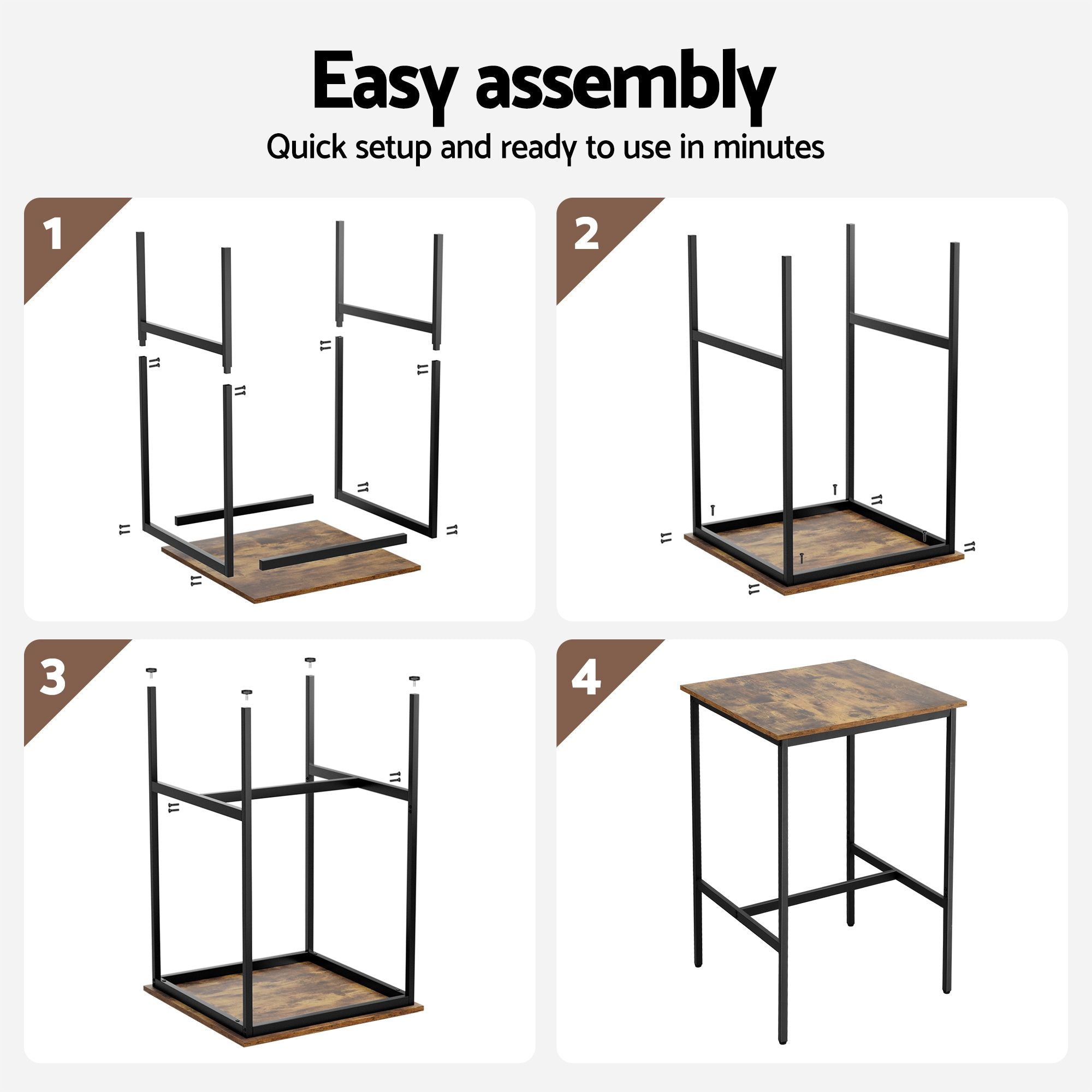 Bar table assembly steps showing metal legs, tabletop, and underframe