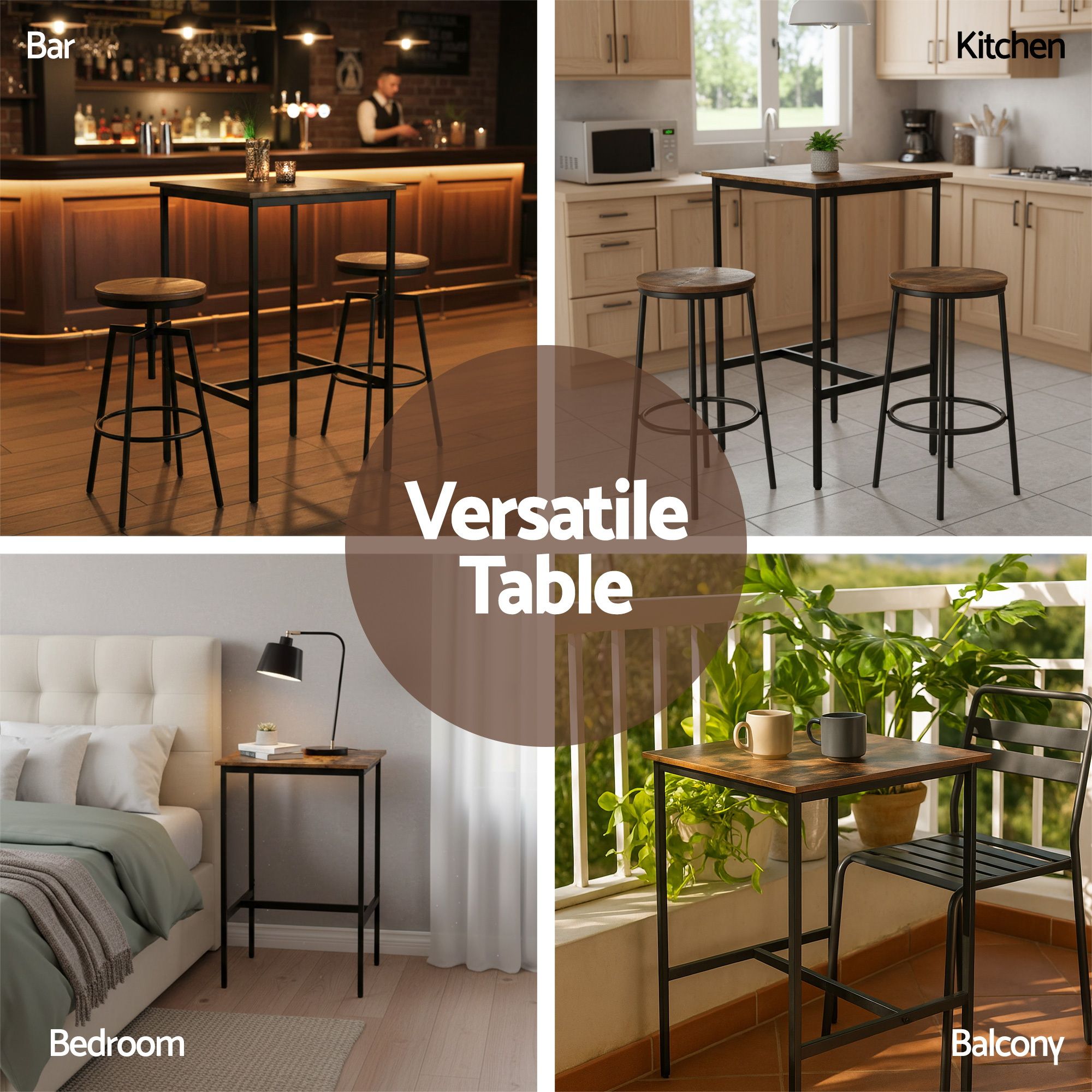 Versatile bar table with two stools, rustic wood tops and dark metal frames
