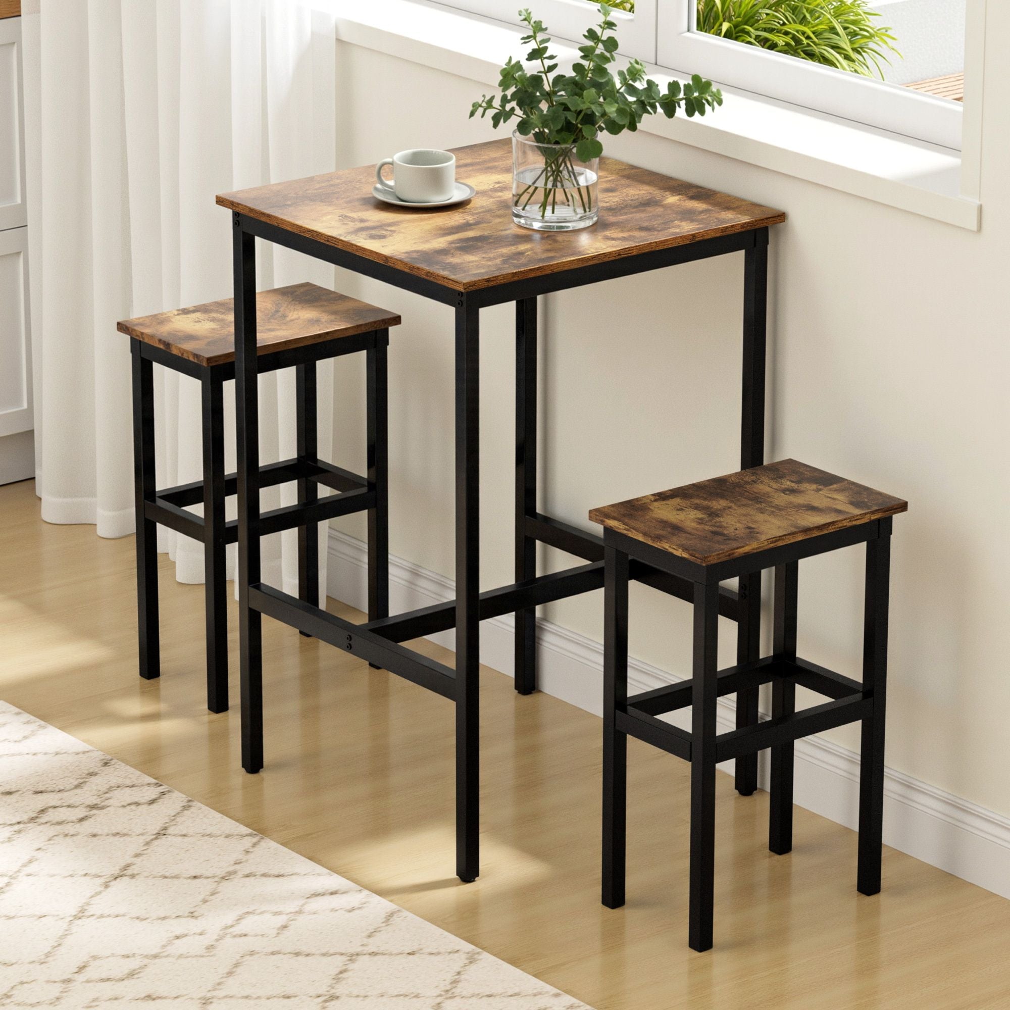 Bar table with two matching stools, rustic wood tops and dark metal frames