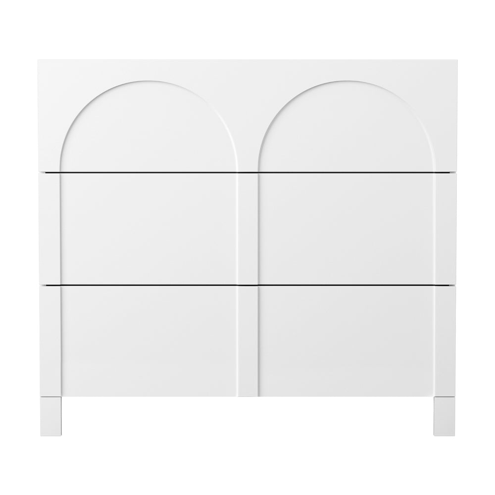 White lowboy dresser front with arched panels and three lower drawer sections