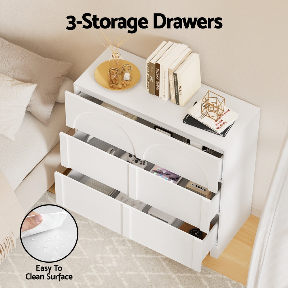 White 3-drawer lowboy dresser cabinet with arched drawer fronts and open storage bay