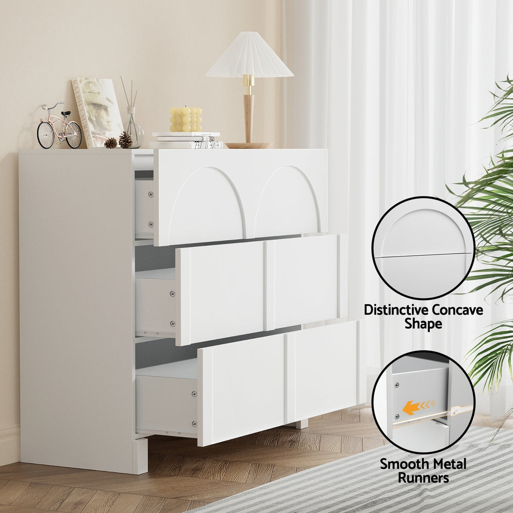 White lowboy dresser cabinet with arched concave fronts and smooth metal drawer runners