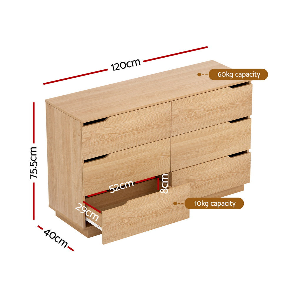 Light pine dresser with six drawers; size diagram with width and depth markers